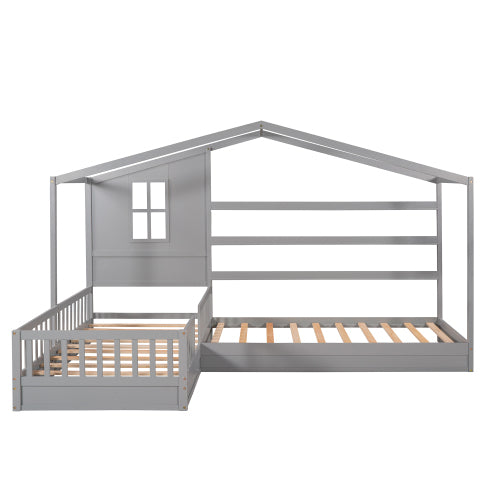 Wood House Bed Twin Size, 2 Twin Solid Bed L structure with fence and slatted frame, Gray - Atlantic Fine Furniture Melbourne FL