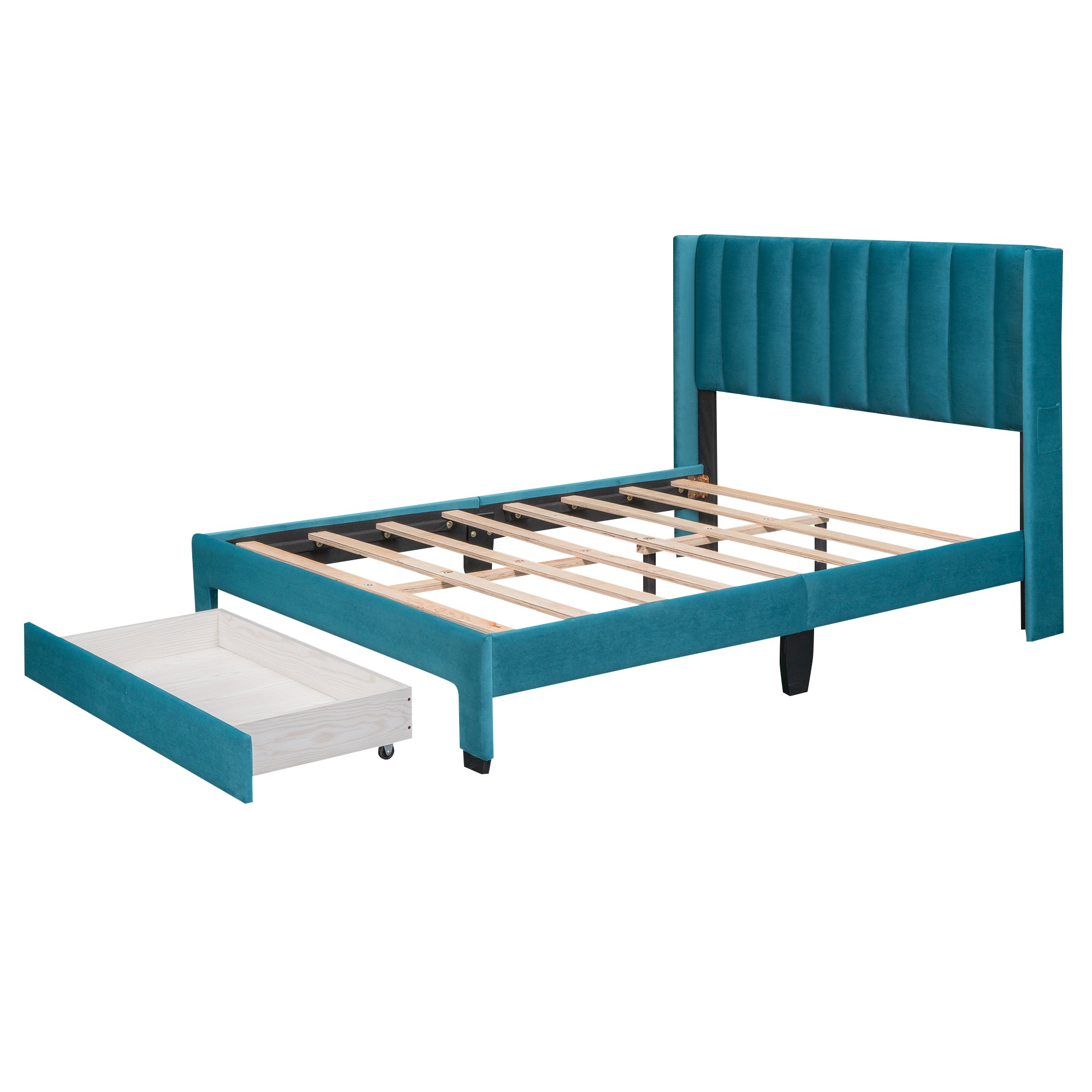 Full Size Storage Bed Velvet Upholstered Platform Bed with a Big Drawer - Blue - Atlantic Fine Furniture Melbourne FL