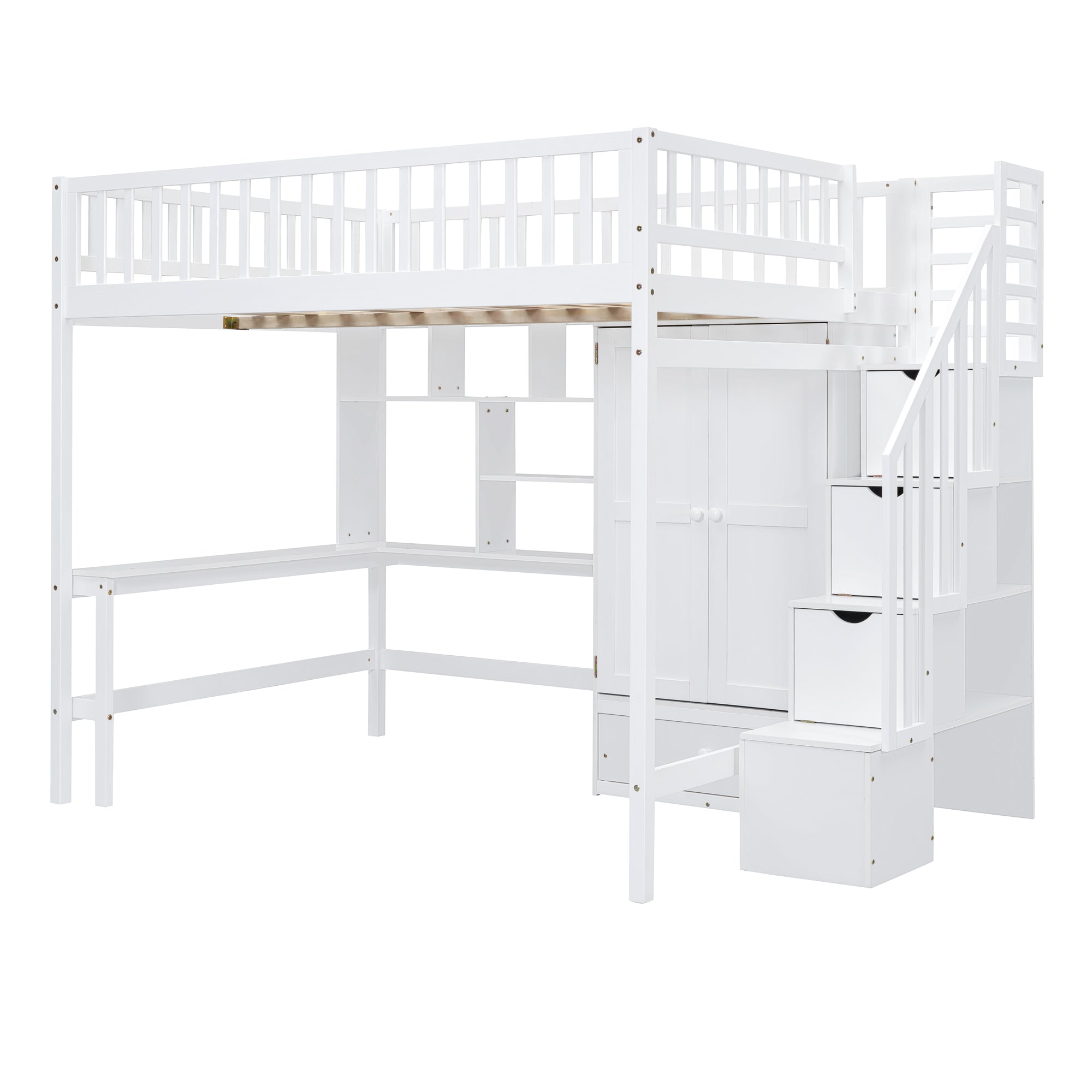 Full size Loft Bed with Bookshelf,Drawers,Desk,and Wardrobe-White - Atlantic Fine Furniture Melbourne FL