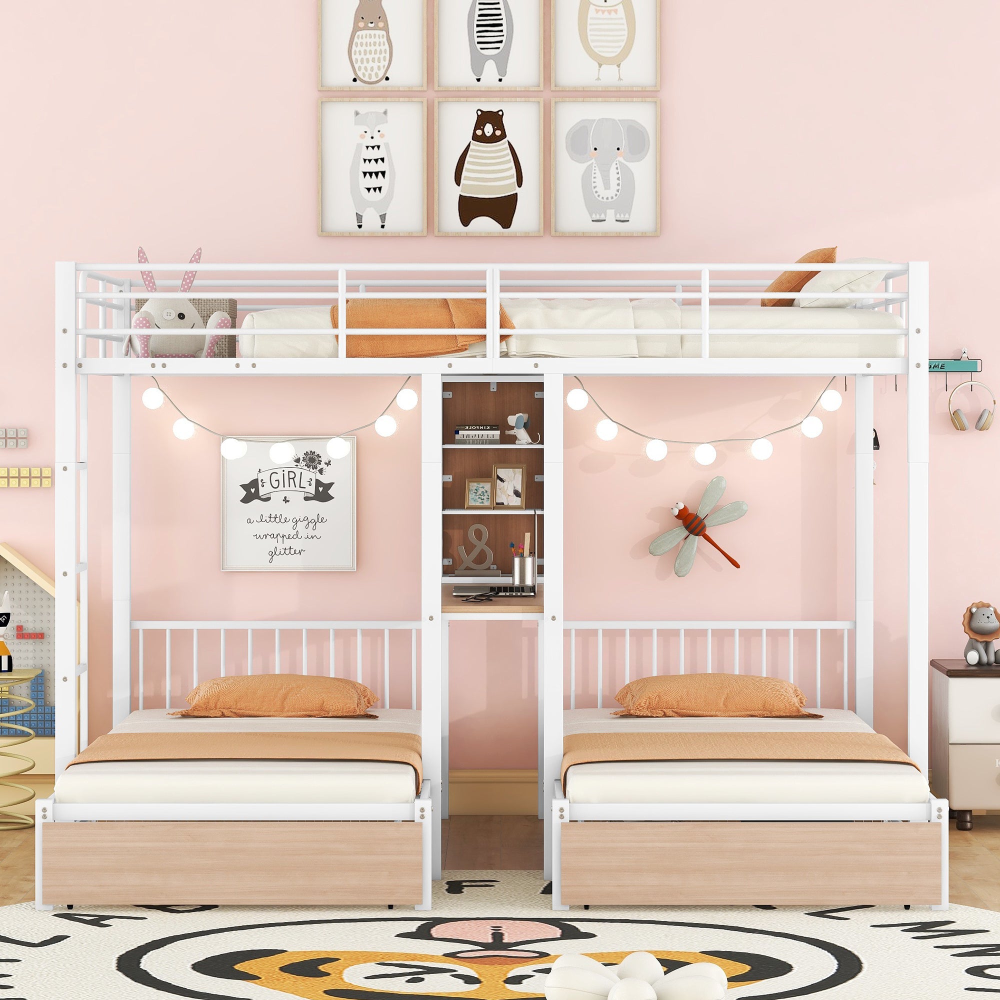 Full Over Twin & Twin Triple Bunk Bed with Drawers, Multi-functional Metal Frame Bed with desks and shelves in the middle, White - Atlantic Fine Furniture Melbourne FL