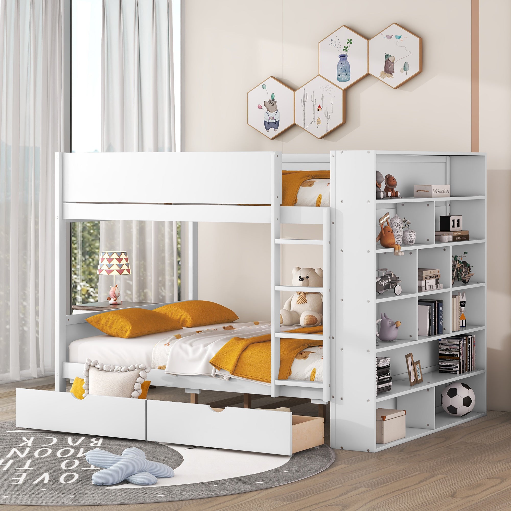 Full over Full Bunk Bed With 2 Drawers and Multi-layer Cabinet, White - Atlantic Fine Furniture Melbourne FL