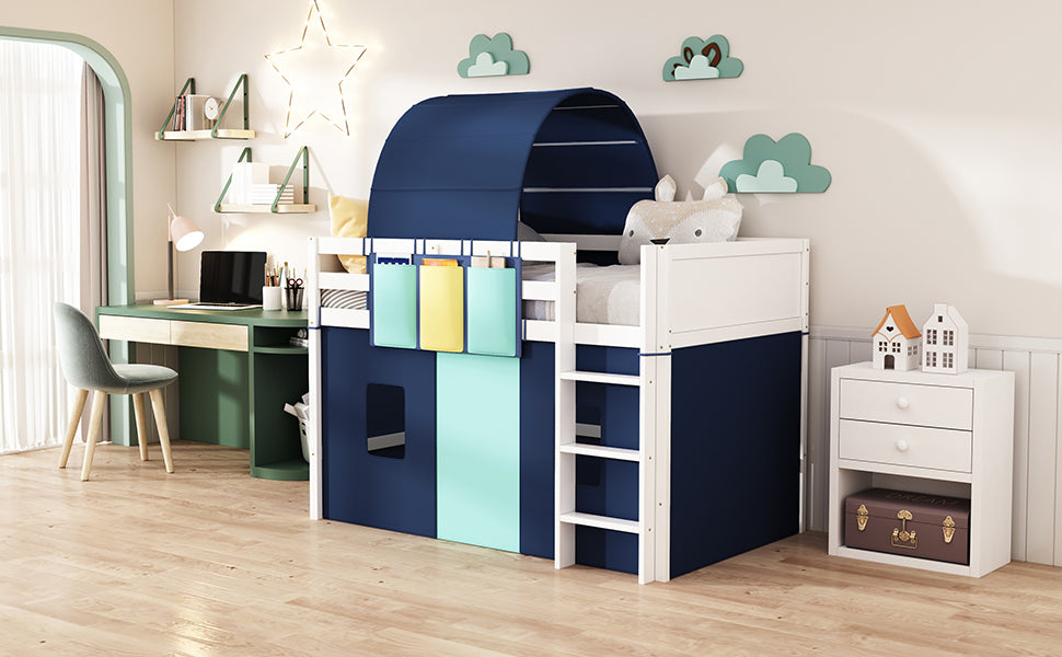 Twin Size Loft Bed with Tent and Tower and Three Pockets- Blue - Atlantic Fine Furniture Melbourne FL