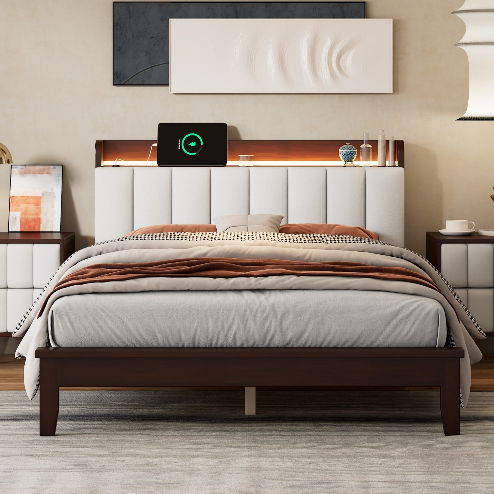 Full size Platform Bed with USB Charging Station and Storage Upholstered Headboard,LED Bed Frame,No Box Spring Needed,Walnut+Beige - Atlantic Fine Furniture Melbourne FL