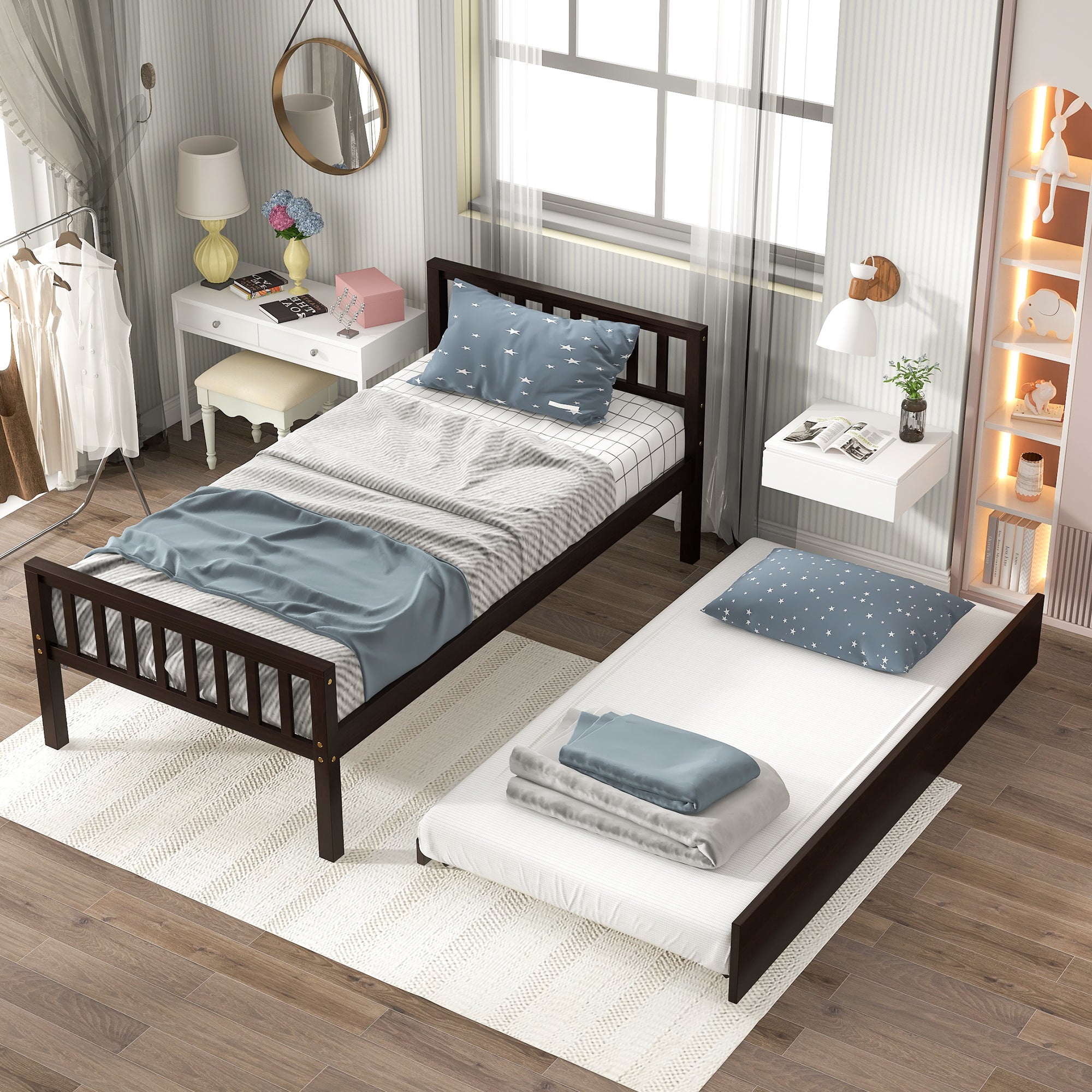 Twin Bed with Trundle, Platform Bed Frame with Headboard and Footboard, for Bedroom Small Living Space,No Box Spring Needed,Espresso(Old SKU:W50440557) - Atlantic Fine Furniture Melbourne FL