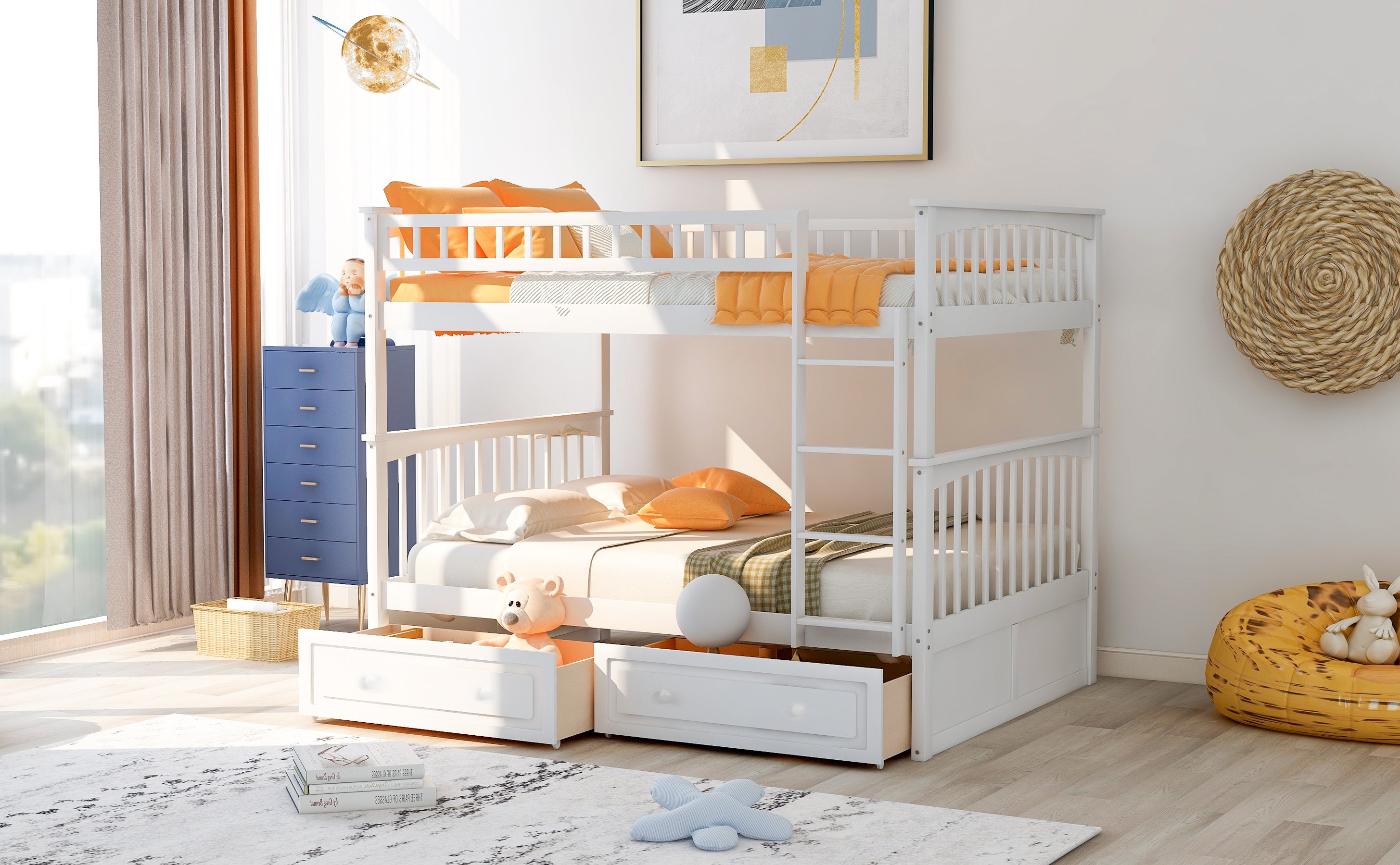 Full over Full Bunk Bed with Drawers, Convertible Beds, White(OLD SKU: SM000241AAK-1) - Atlantic Fine Furniture Melbourne FL