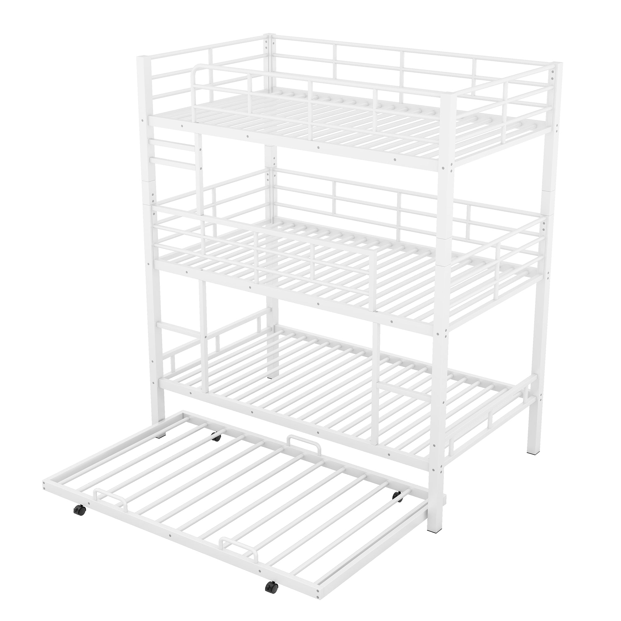 Metal Twin Size Triple Bunk Bed With Trundle, White