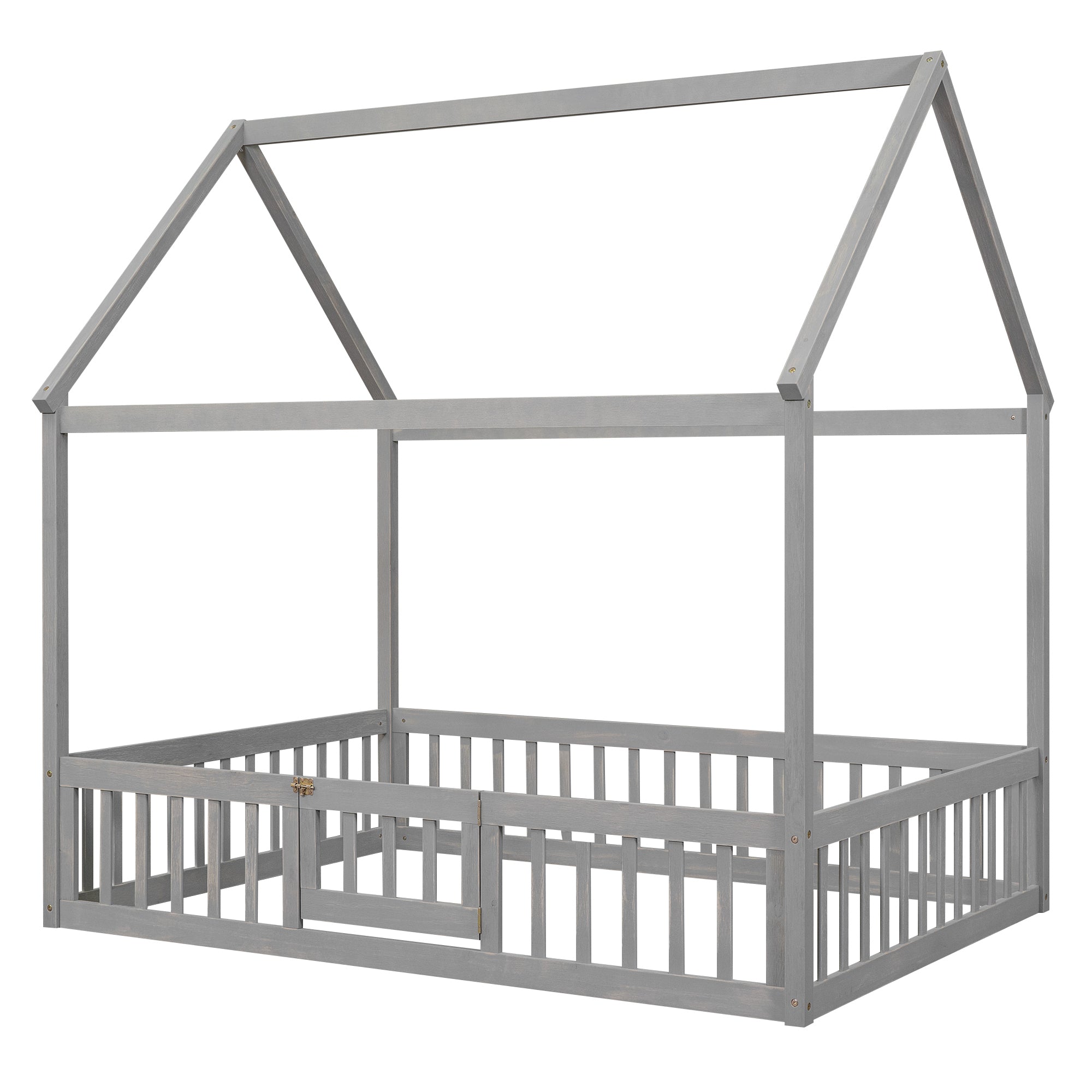 Full Size Wood House Bed with Fence and Door, Gray Wash - Atlantic Fine Furniture Melbourne FL