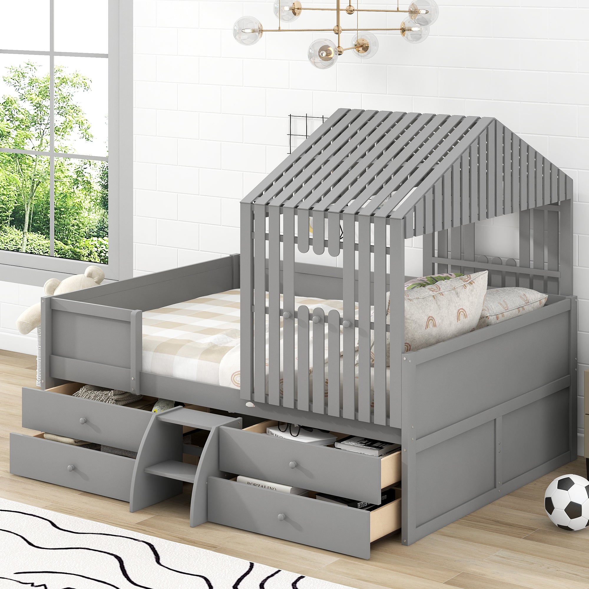 Full Size House Low Loft Bed with Four Drawers,Gray - Atlantic Fine Furniture Melbourne FL