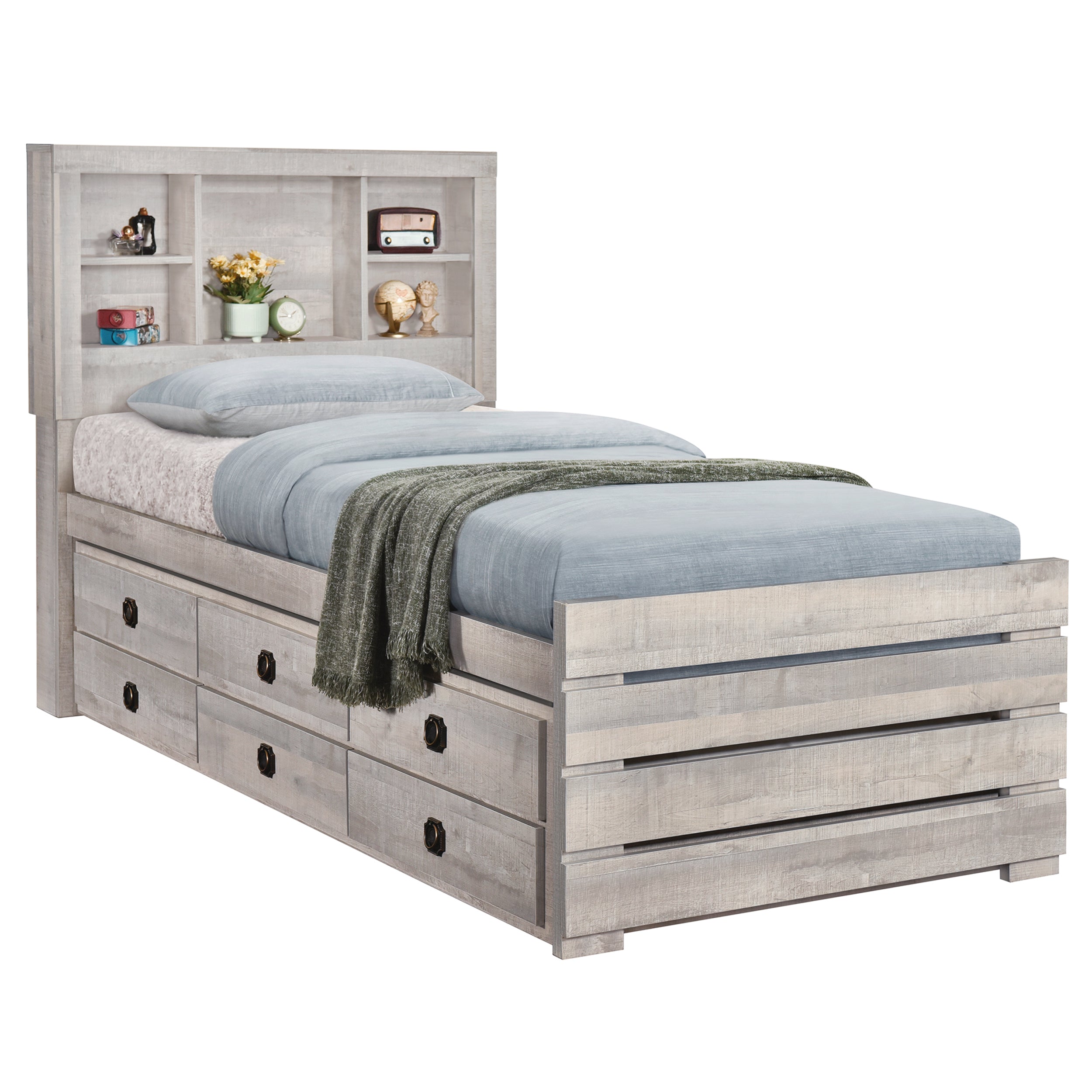 Farmhouse Style Twin Size Bookcase Captain Bed with Three Drawers and Trundle, Rustic White - Atlantic Fine Furniture Melbourne FL