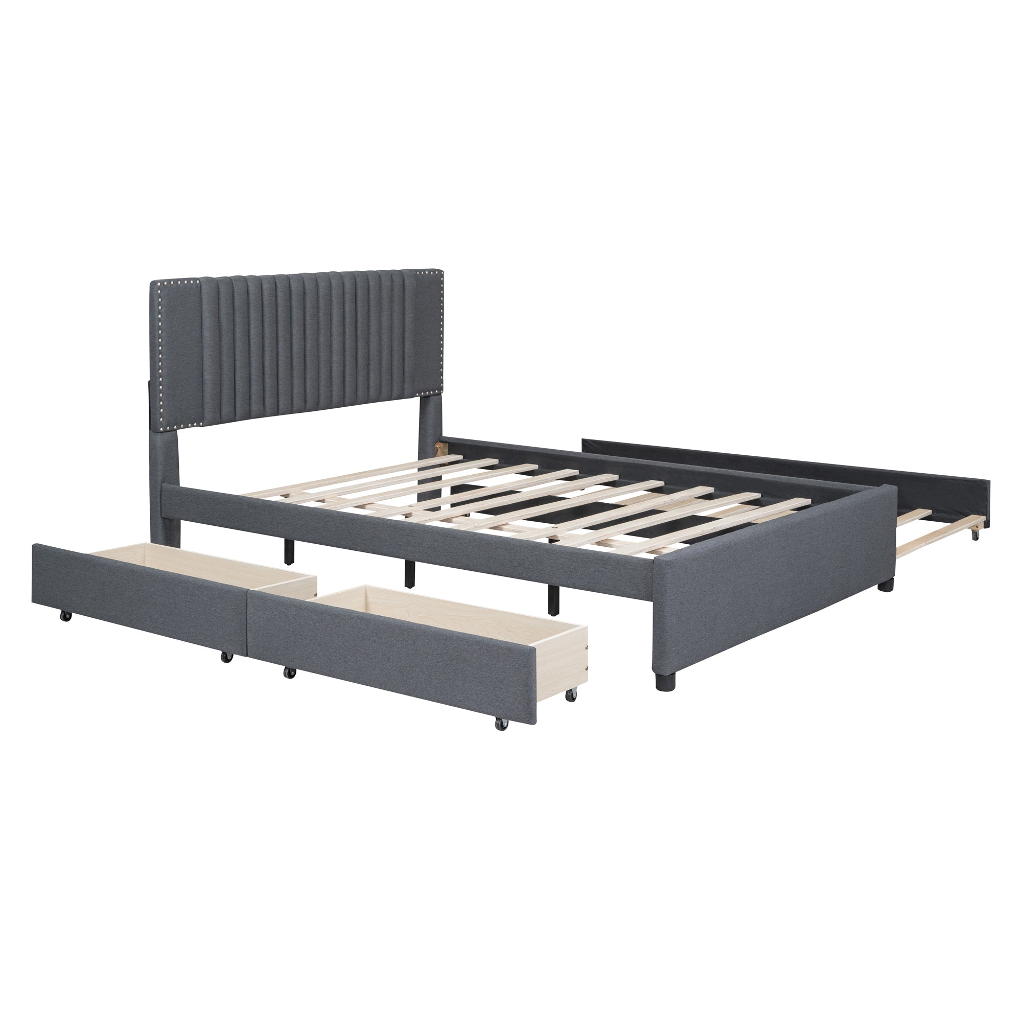 Queen Size Upholstered Platform Bed with 2 Drawers and 1 Twin XL Trundle, Classic Headboard Design, Gray - Atlantic Fine Furniture Melbourne FL