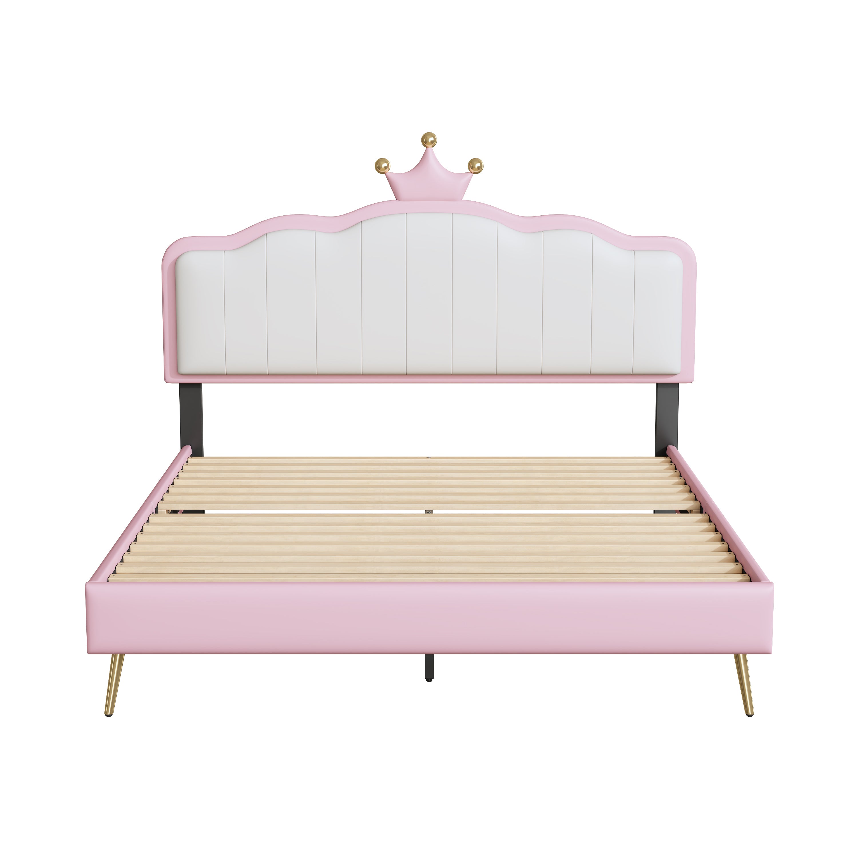 Full size Upholstered Princess Bed With Crown Headboard,Full Size Platform Bed with Headboard and Footboard with Light Strips,Golden Metal Legs, White+Pink - Atlantic Fine Furniture Melbourne FL