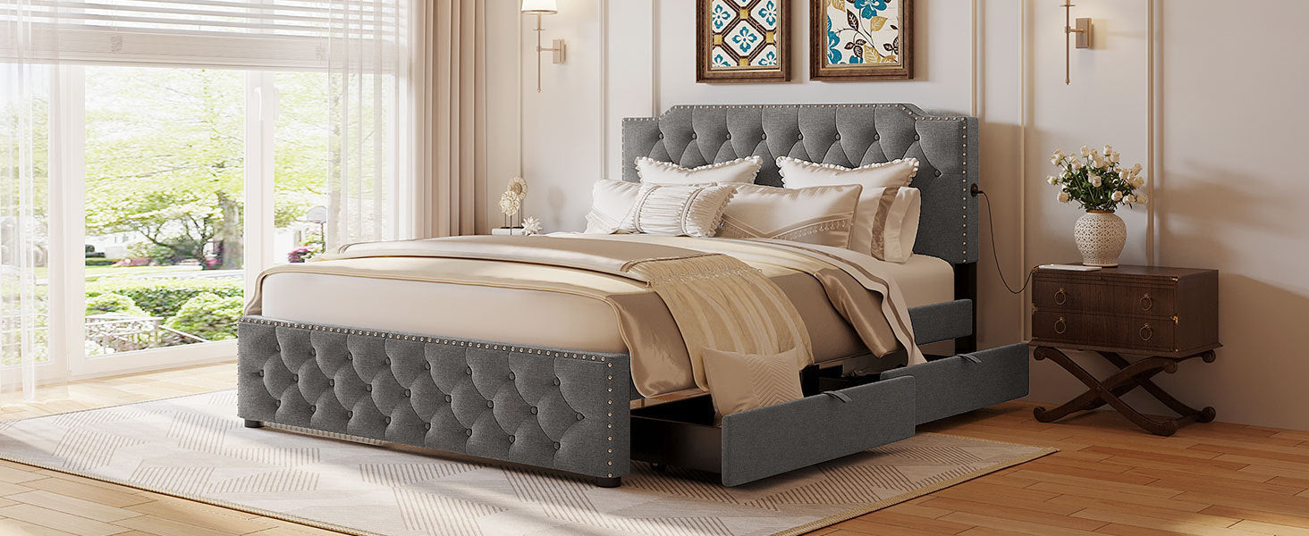 Queen Size Upholstered Platform Bed with 2 Drawers and 2 sets of USB Ports on each side, Linen Fabric, Gray - Atlantic Fine Furniture Melbourne FL