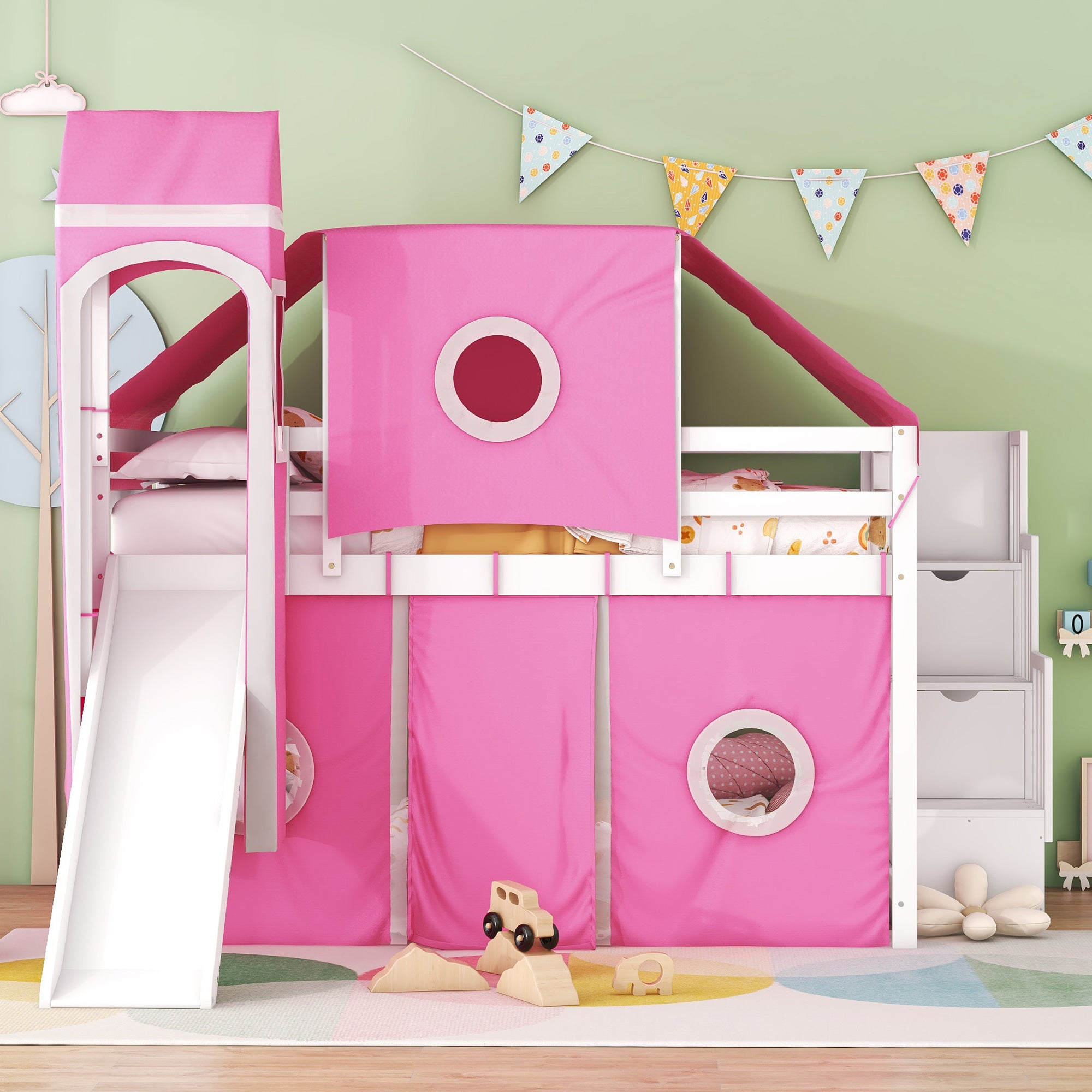 Full Size Loft Bed with Tent and Tower - Pink - Atlantic Fine Furniture Melbourne FL