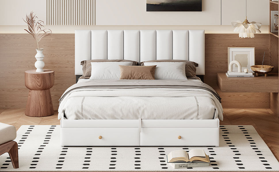 Queen Size Upholstered Bed with Hydraulic Storage System and Drawer, White - Atlantic Fine Furniture Melbourne FL
