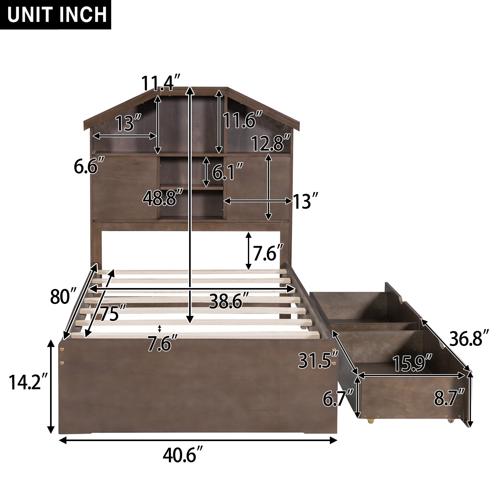 Twin Size Wood Platform Bed with House-shaped Storage Headboard and 2 Drawers, Walnut - Atlantic Fine Furniture Melbourne FL