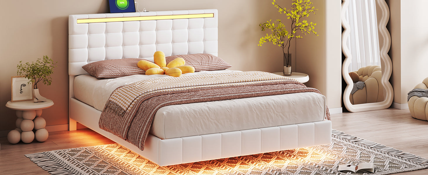 Queen Size Floating Bed Frame with LED Lights and USB Charging,Modern Upholstered Platform LED Bed Frame,White - Atlantic Fine Furniture Melbourne FL