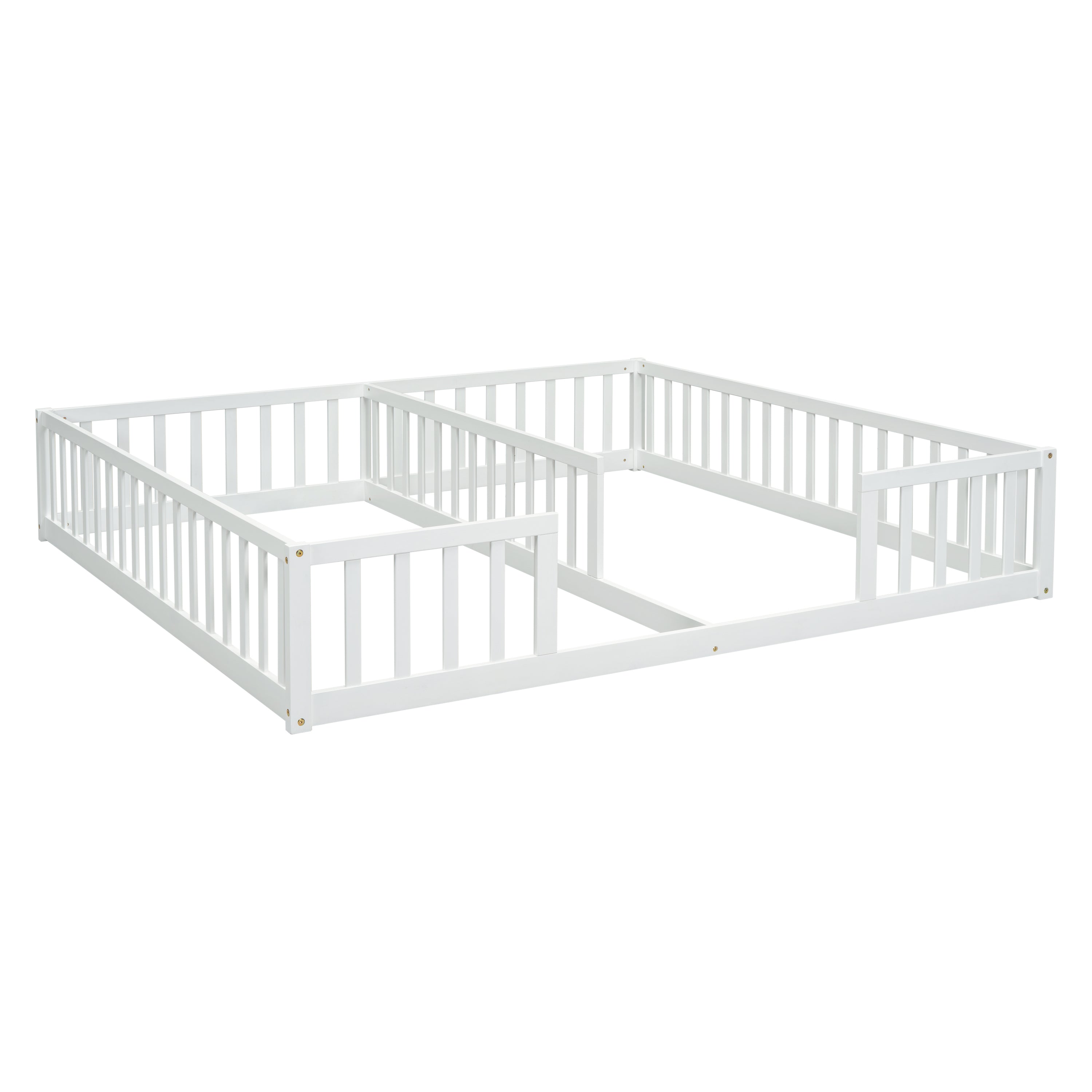 Double Twin Floor Bed with Fence, Guardrails, without door, White