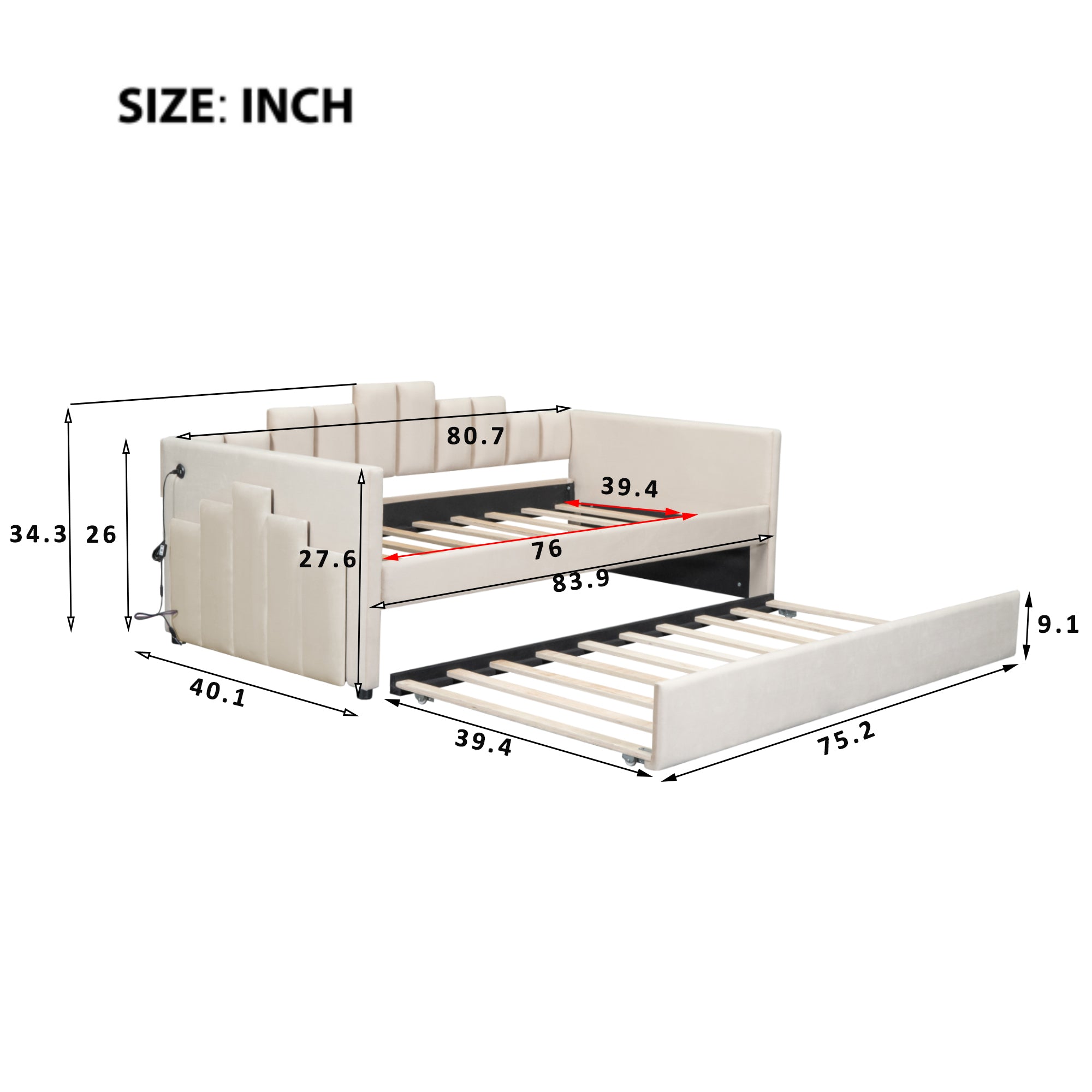 Twin Size Upholstered Daybed with Light and USB Port, Beige - Atlantic Fine Furniture Melbourne FL