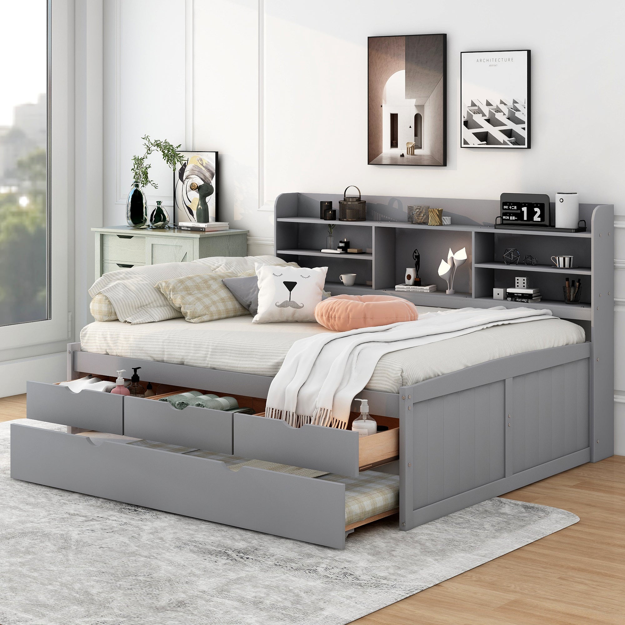Full Size Wooden Captain Bed with Built-in Bookshelves,Three Storage Drawers and Trundle,Light Grey - Atlantic Fine Furniture Melbourne FL
