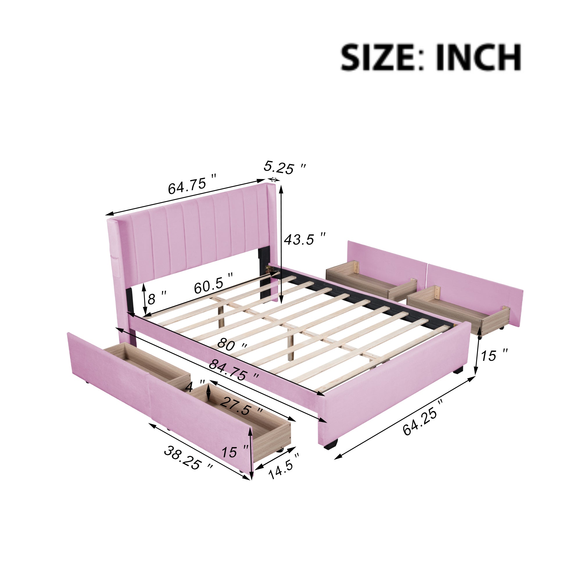 Queen Size Upholstered Bed with 4 Drawers, Pink - Atlantic Fine Furniture Melbourne FL