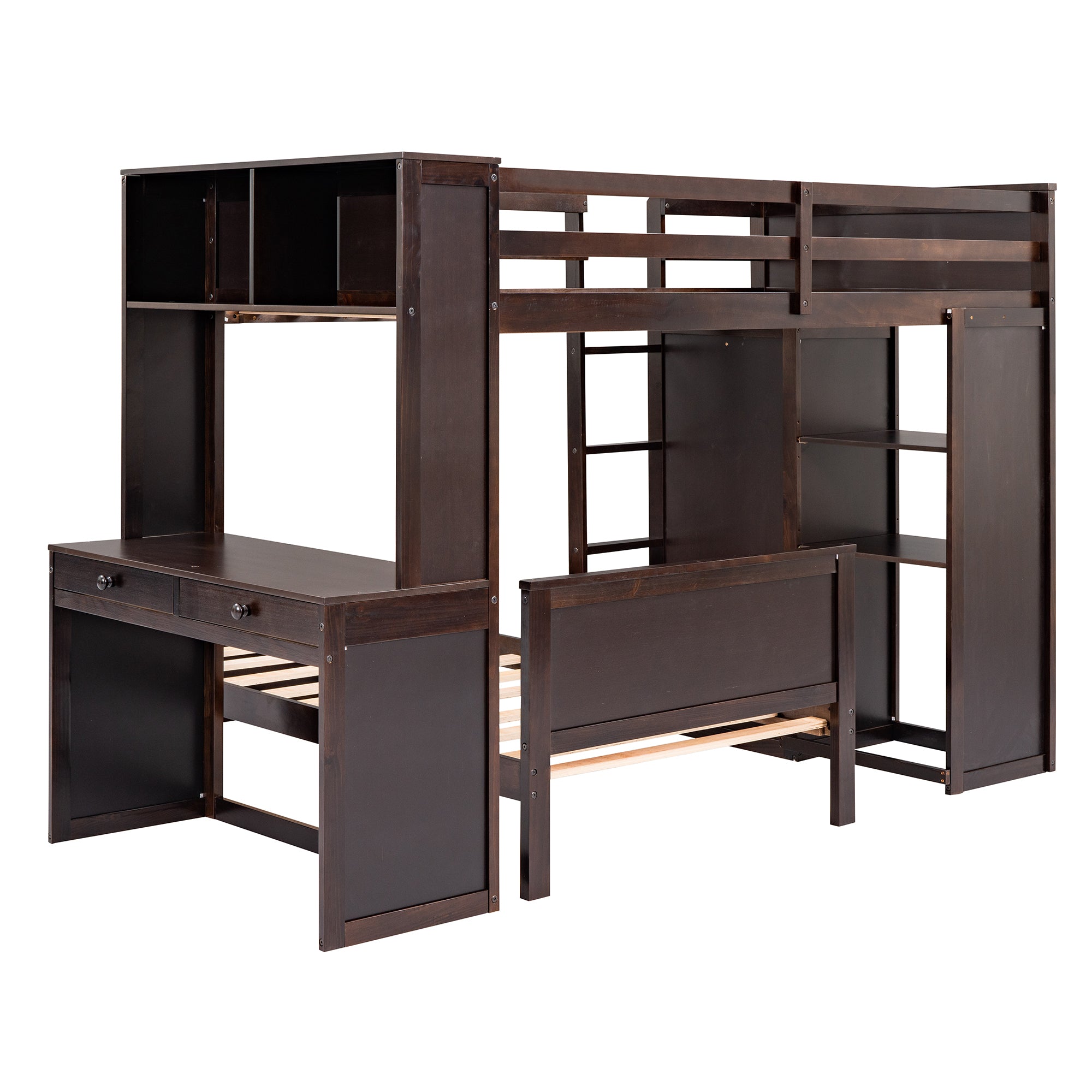 Twin size Loft Bed with a Stand-alone bed, Shelves,Desk,and Wardrobe-Espresso - Atlantic Fine Furniture Melbourne FL