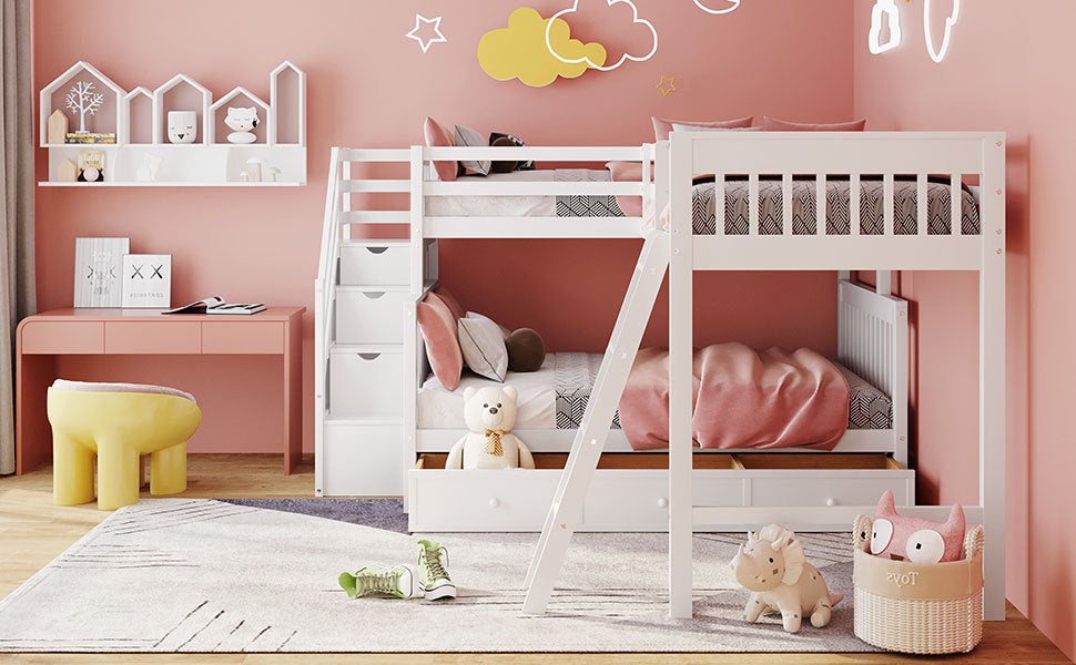 Twin over Full L-Shaped Bunk Bed With 3 Drawers, Ladder and Staircase - White - Atlantic Fine Furniture Melbourne FL