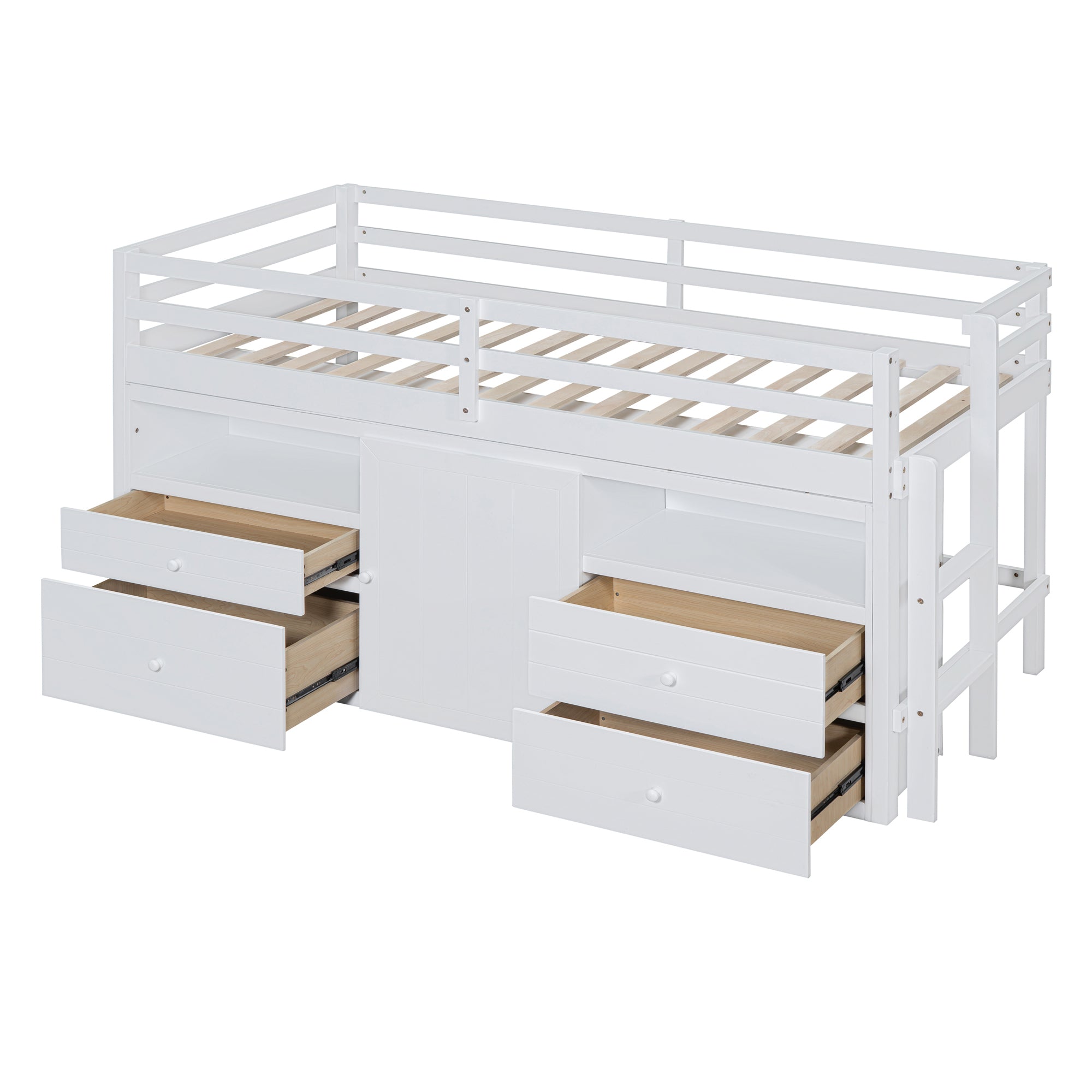 Twin Size Loft Bed with 4 Drawers, Underneath Cabinet and Shelves, White - Atlantic Fine Furniture Melbourne FL