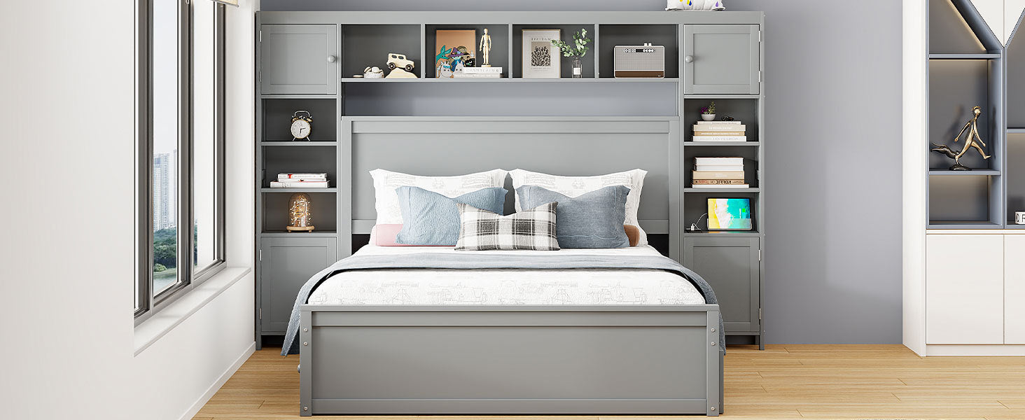 Queen Size Wooden Bed With All-in-One Cabinet, Shelf and Sockets, Gray - Atlantic Fine Furniture Melbourne FL
