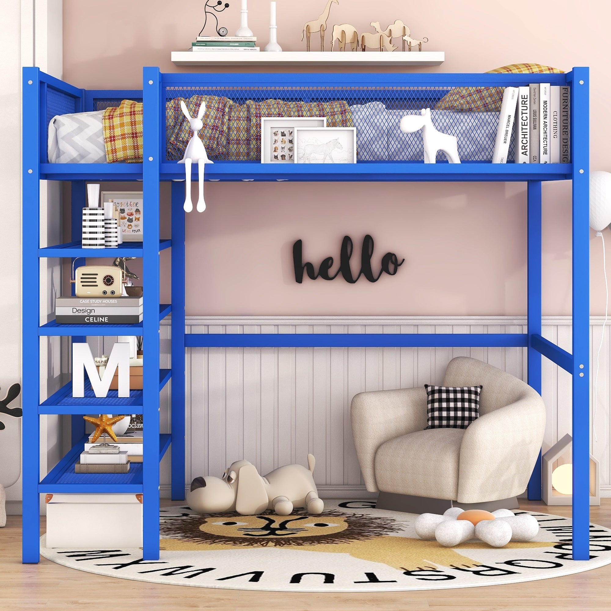 Full Size Metal Loft Bed with 4-Tier Shelves and Storage, Blue - Atlantic Fine Furniture Melbourne FL