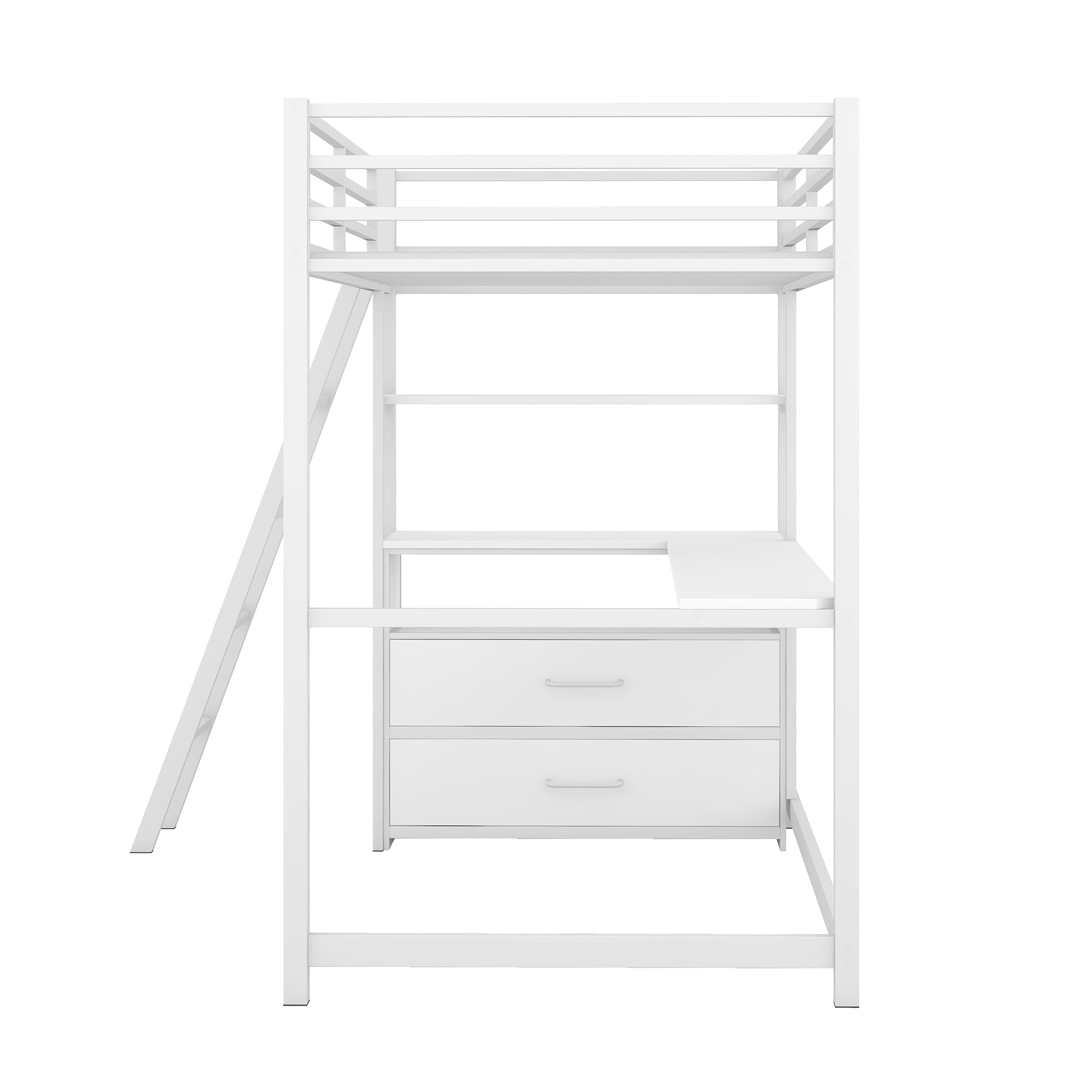 Twin Size Metal&Wood Loft Bed with Desk and Shelves, Two Built-in Drawers, White - Atlantic Fine Furniture Melbourne FL