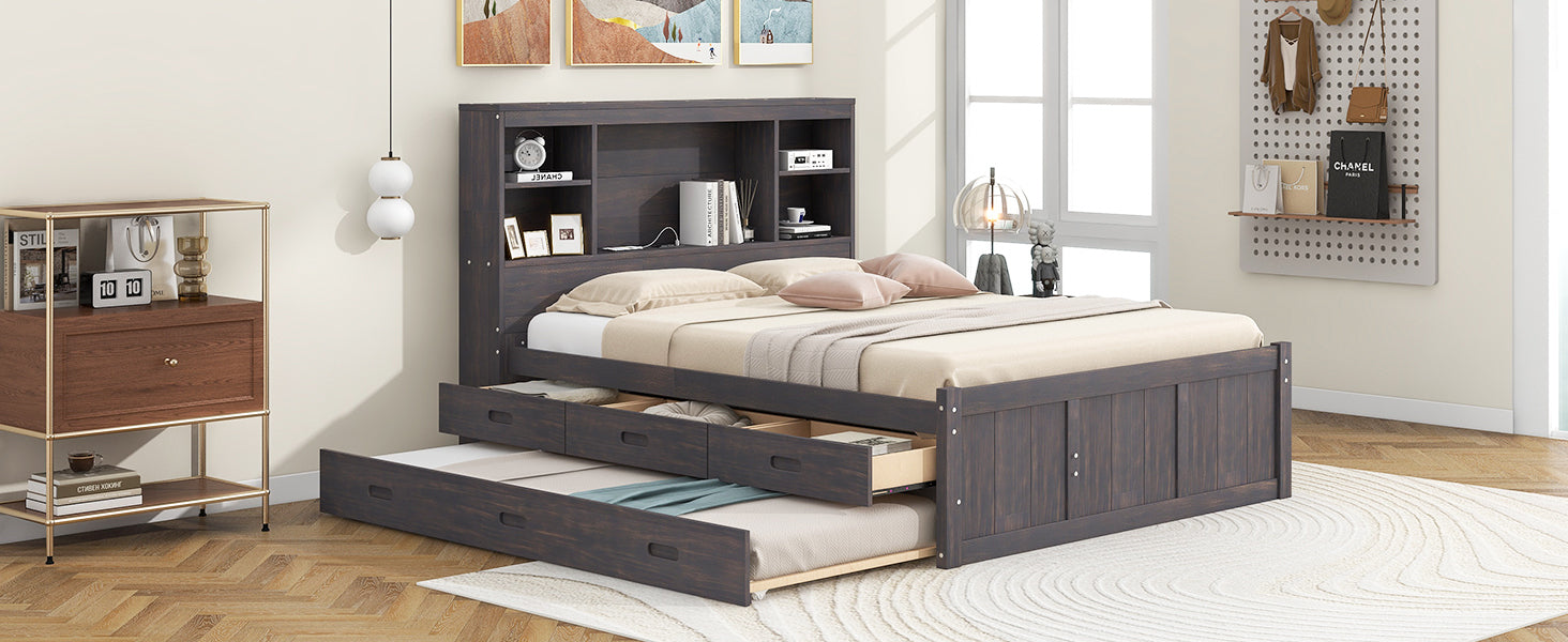 Full Size Platform Bed with Storage Headboard, Charging Station, Twin Size Trundle and 3 Drawers, Antique Brown
