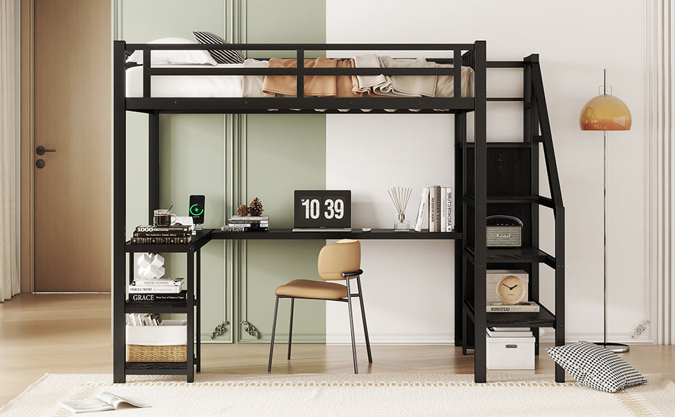 Metal Full Loft Bed with Wardrobe and LED Light, Full Size Loft Bed with L Shaped Desk and USB for Kids Teens Adults, Black (Expect arrival date 2024/5/19)