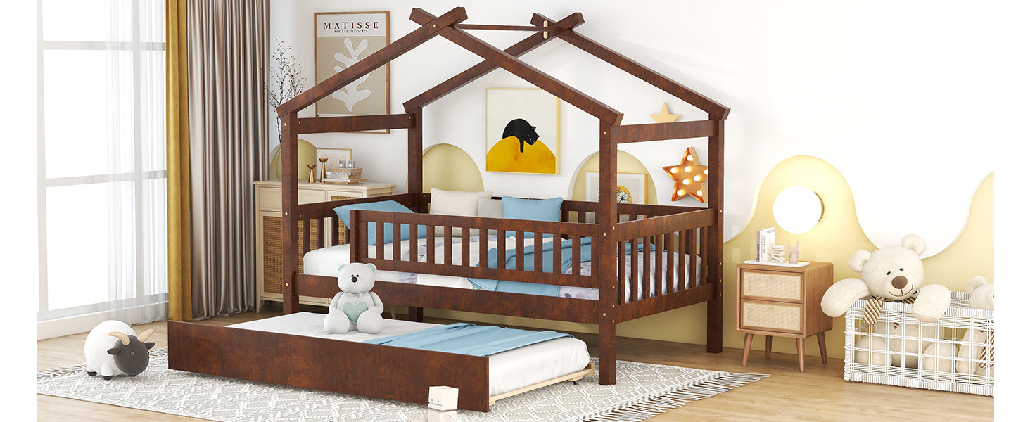 Twin Size Wooden House Bed with Twin Size Trundle, Walnut - Atlantic Fine Furniture Melbourne FL
