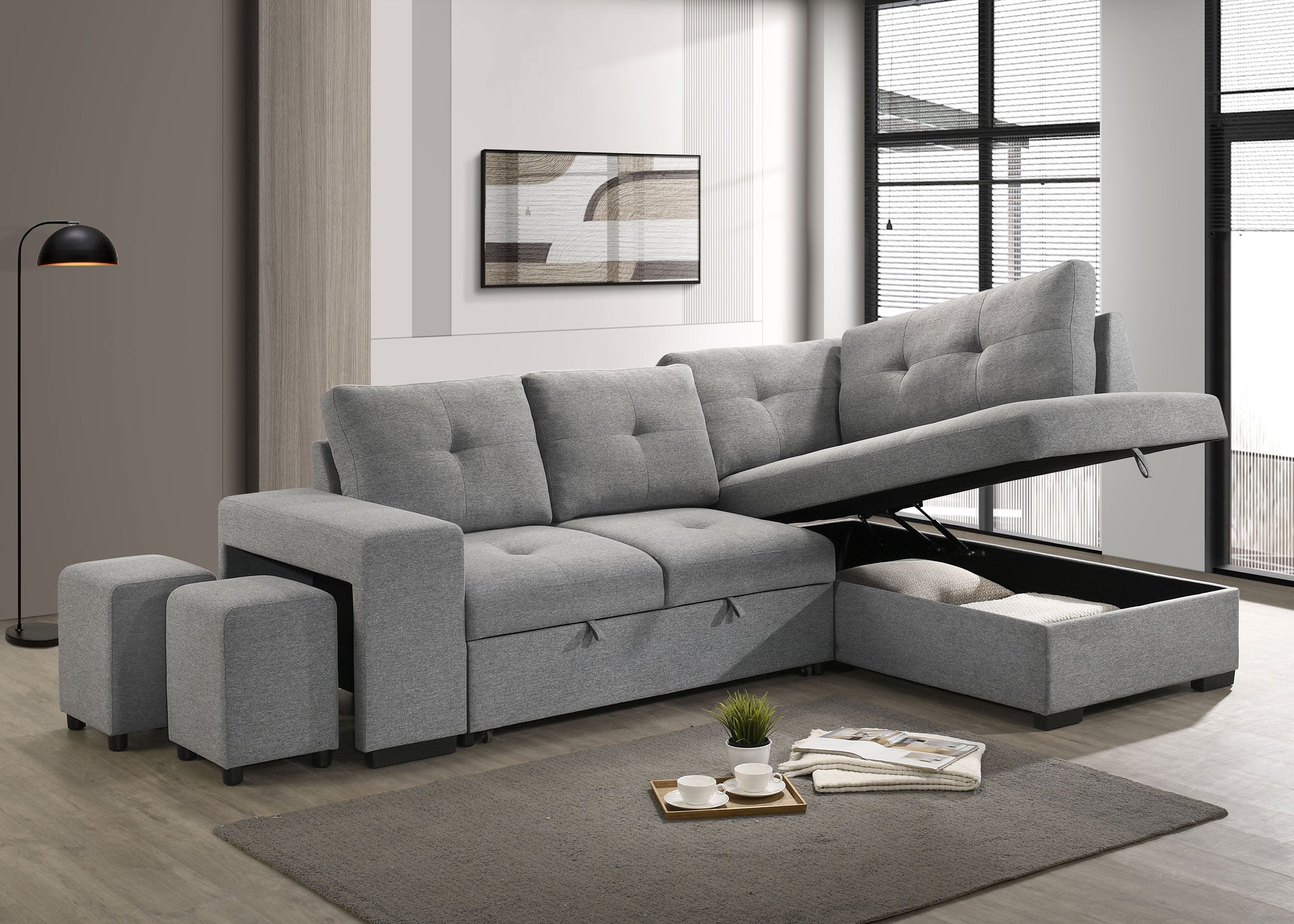 Roanne Fabric Upholstered Sleeper Sectional Sofa Grey — view 3