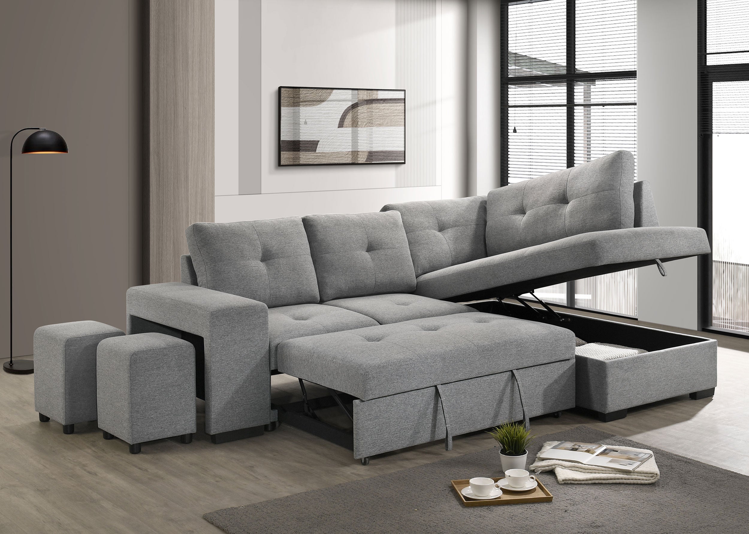 Roanne Fabric Upholstered Sleeper Sectional Sofa Grey — view 5