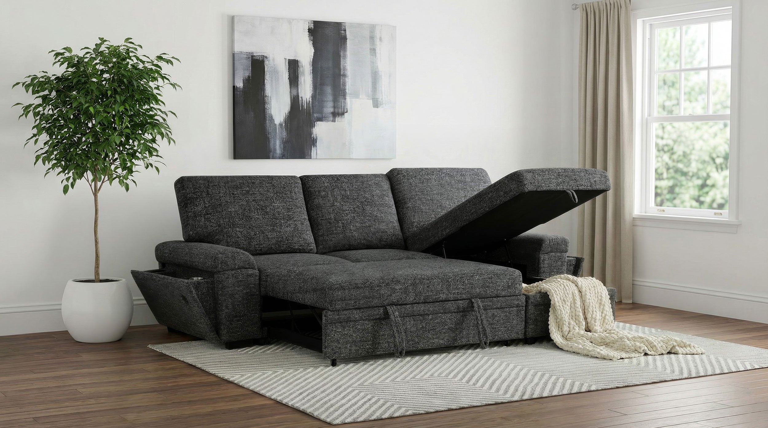 Demko Sleeper Sectional Sofa with Speaker and Storage Chaise Granite — view 4