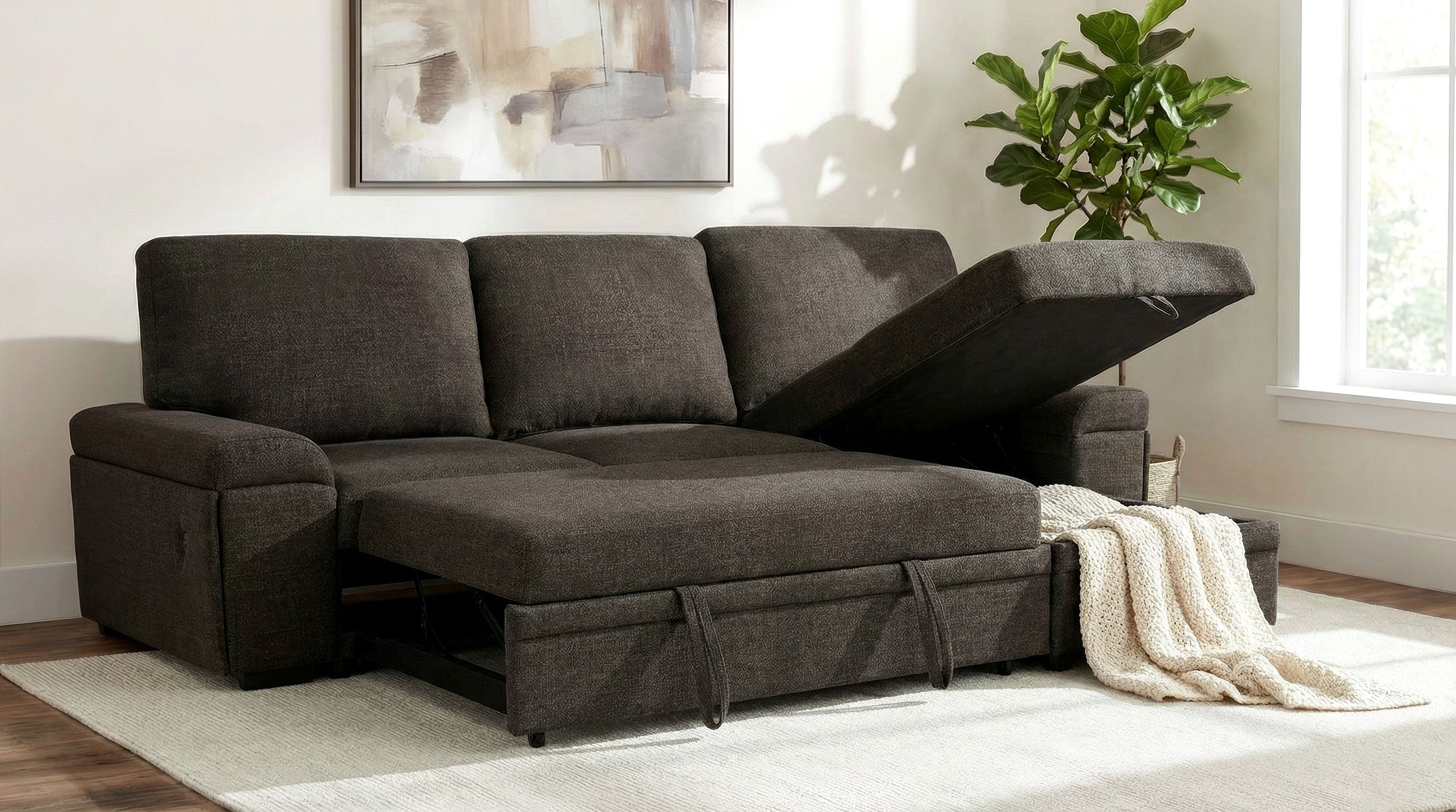 Demko Sleeper Sectional Sofa with Speaker and Storage Chaise Brown — view 3