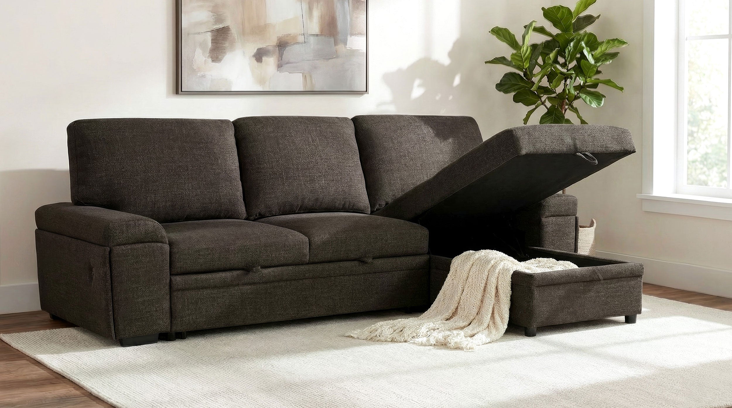 Demko Sleeper Sectional Sofa with Speaker and Storage Chaise Brown — view 4
