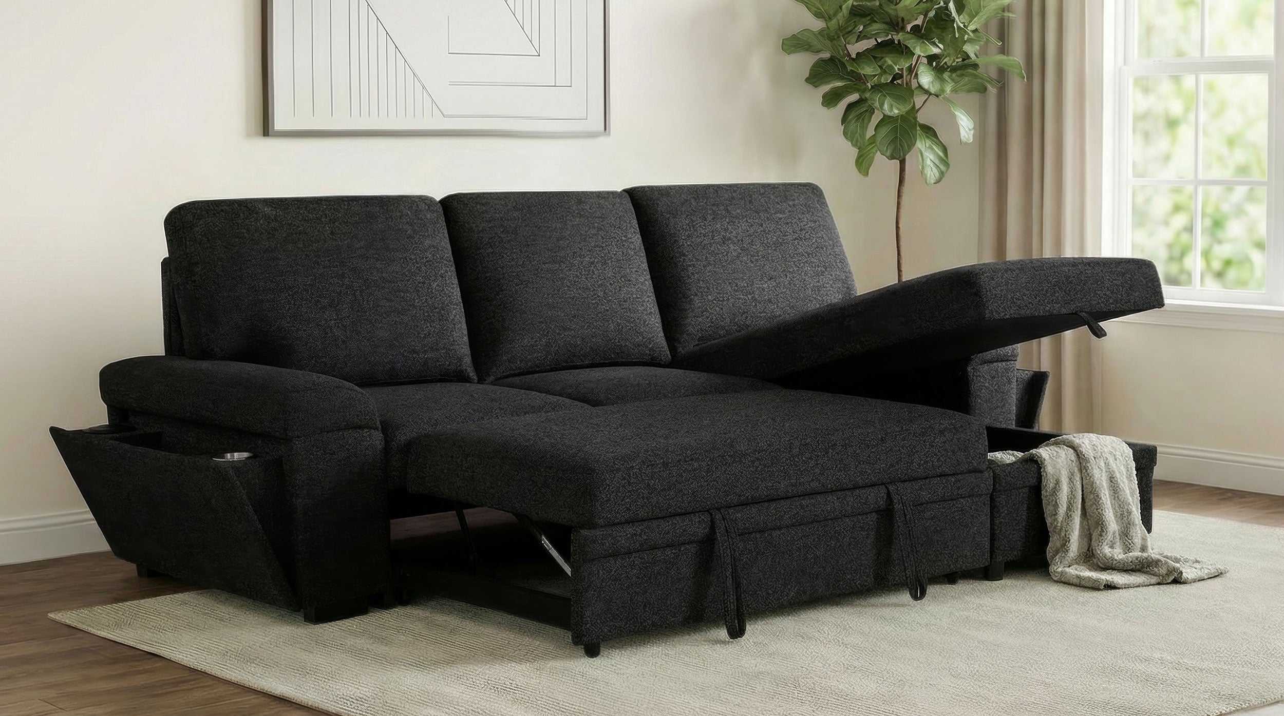 Demko Sleeper Sectional Sofa with Speaker and Storage Chaise Black — view 4