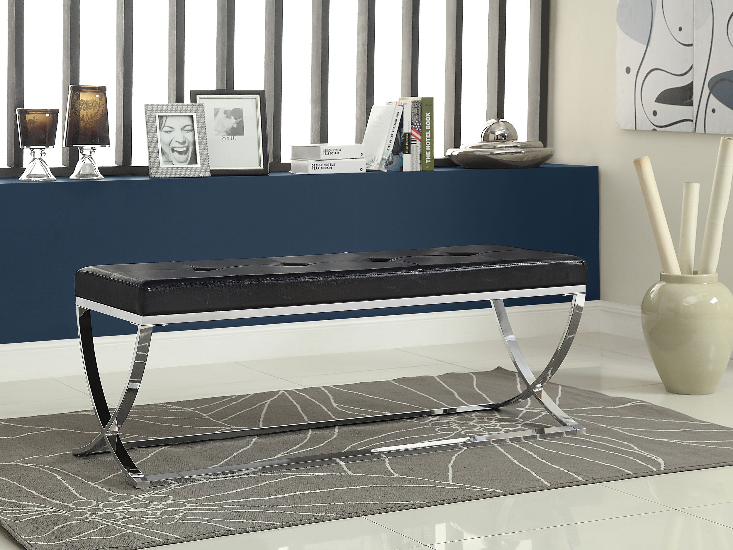 Walton Leatherette Upholstered Tufted Accent Bench Black — view 2