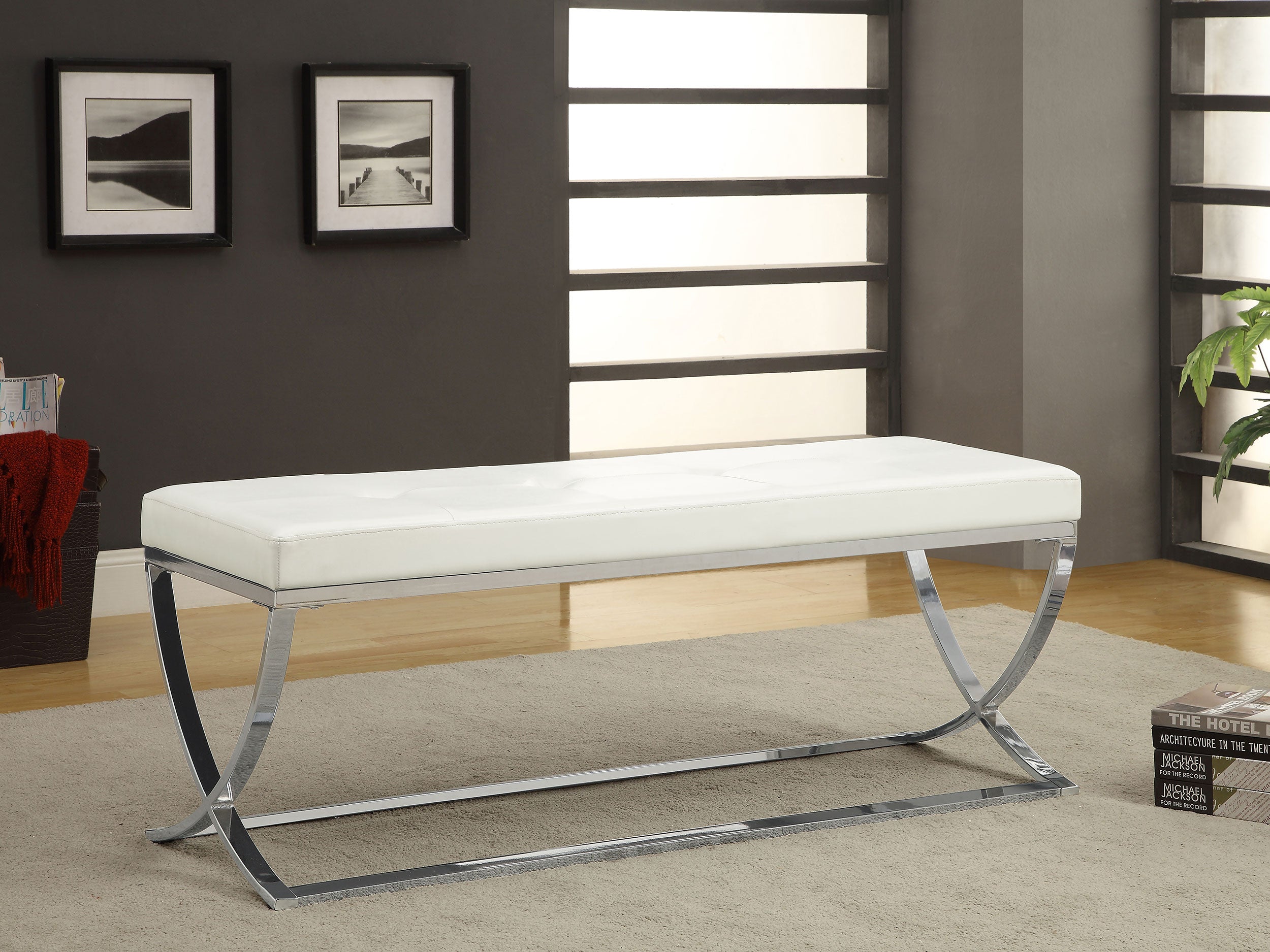 Walton Leatherette Upholstered Tufted Accent Bench White — view 2