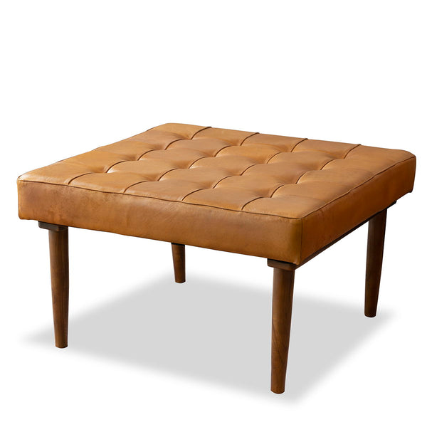 Mark - Mid-Century Tufted Square Genuine Leather Upholstered Ottoman in Tan - Orange