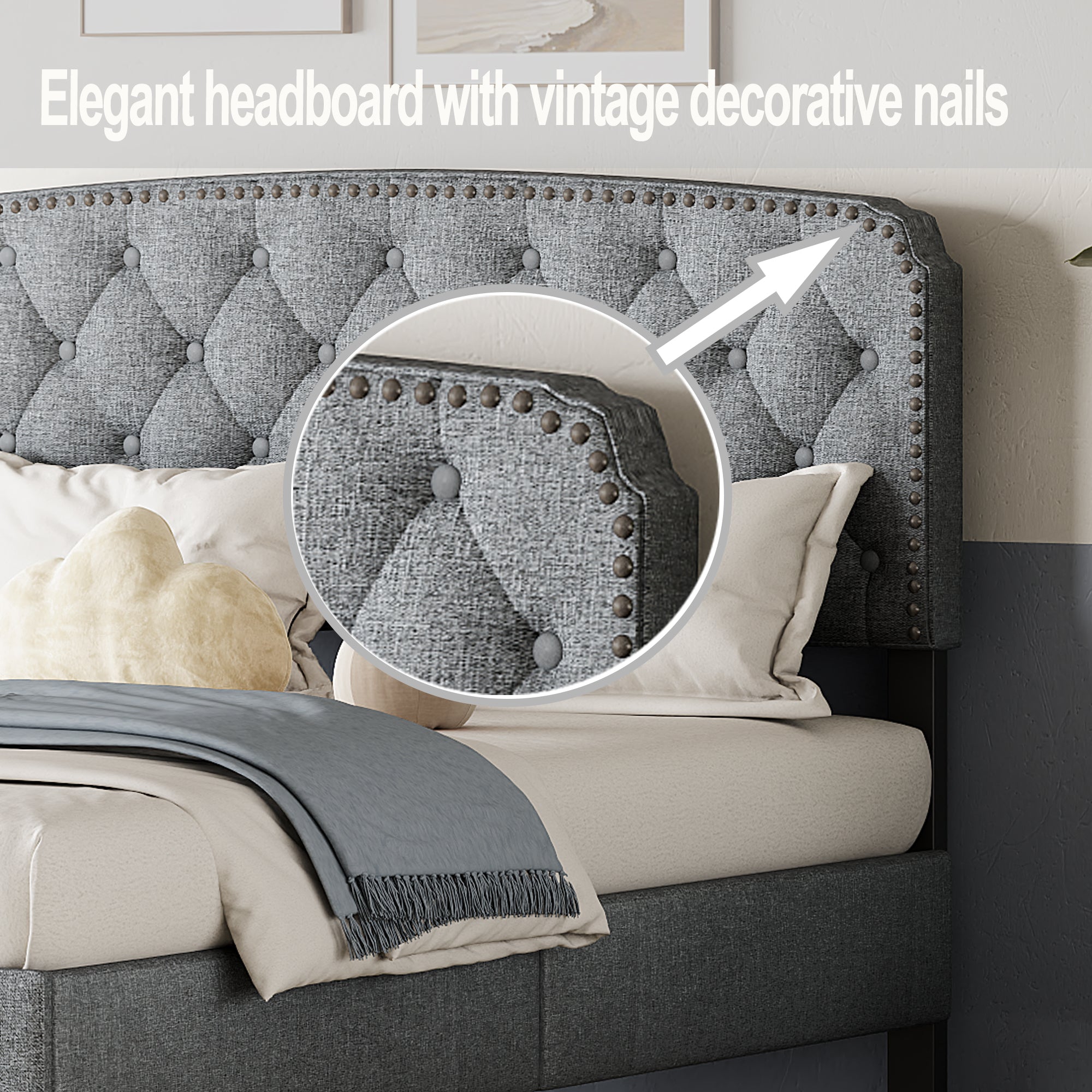 Full size Adjustable Headboard with Fine Linen Upholstery and Button Tufting for Bedroom, Wave Top Light Gray