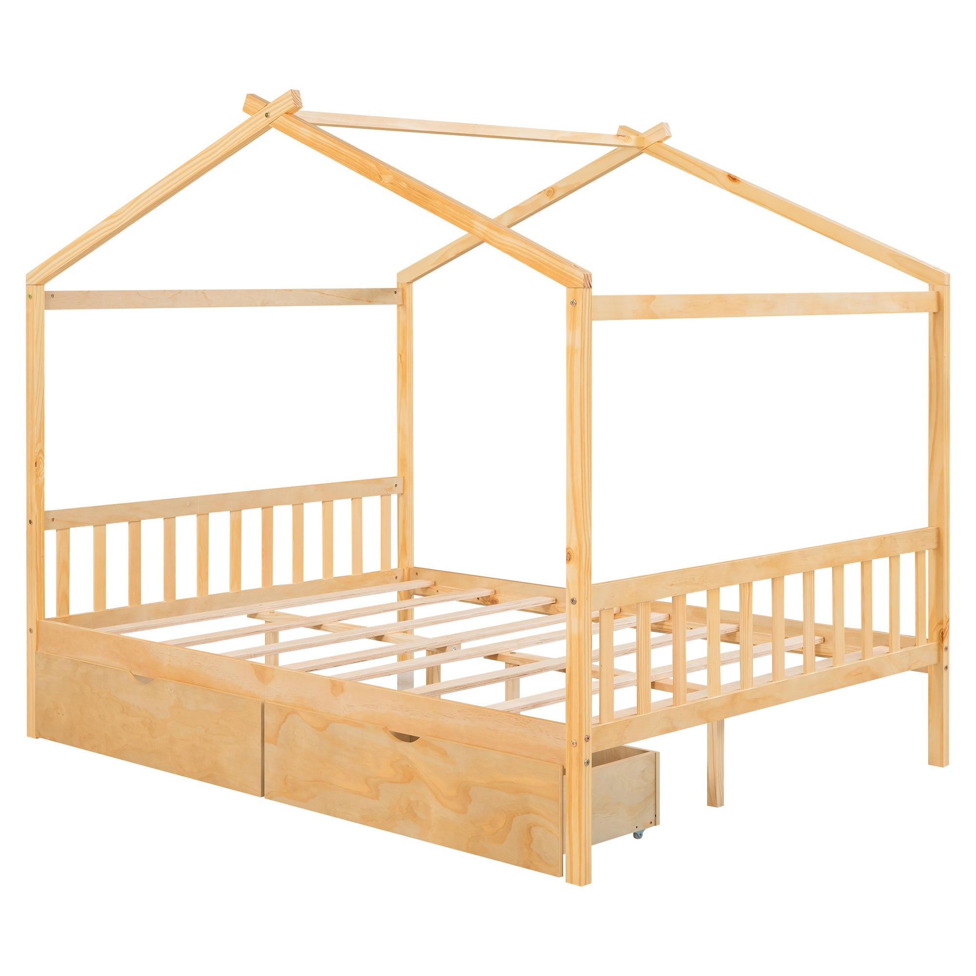Full Size House Platform Bed with Two Drawers,Headboard and Footboard,Roof Design,Natural