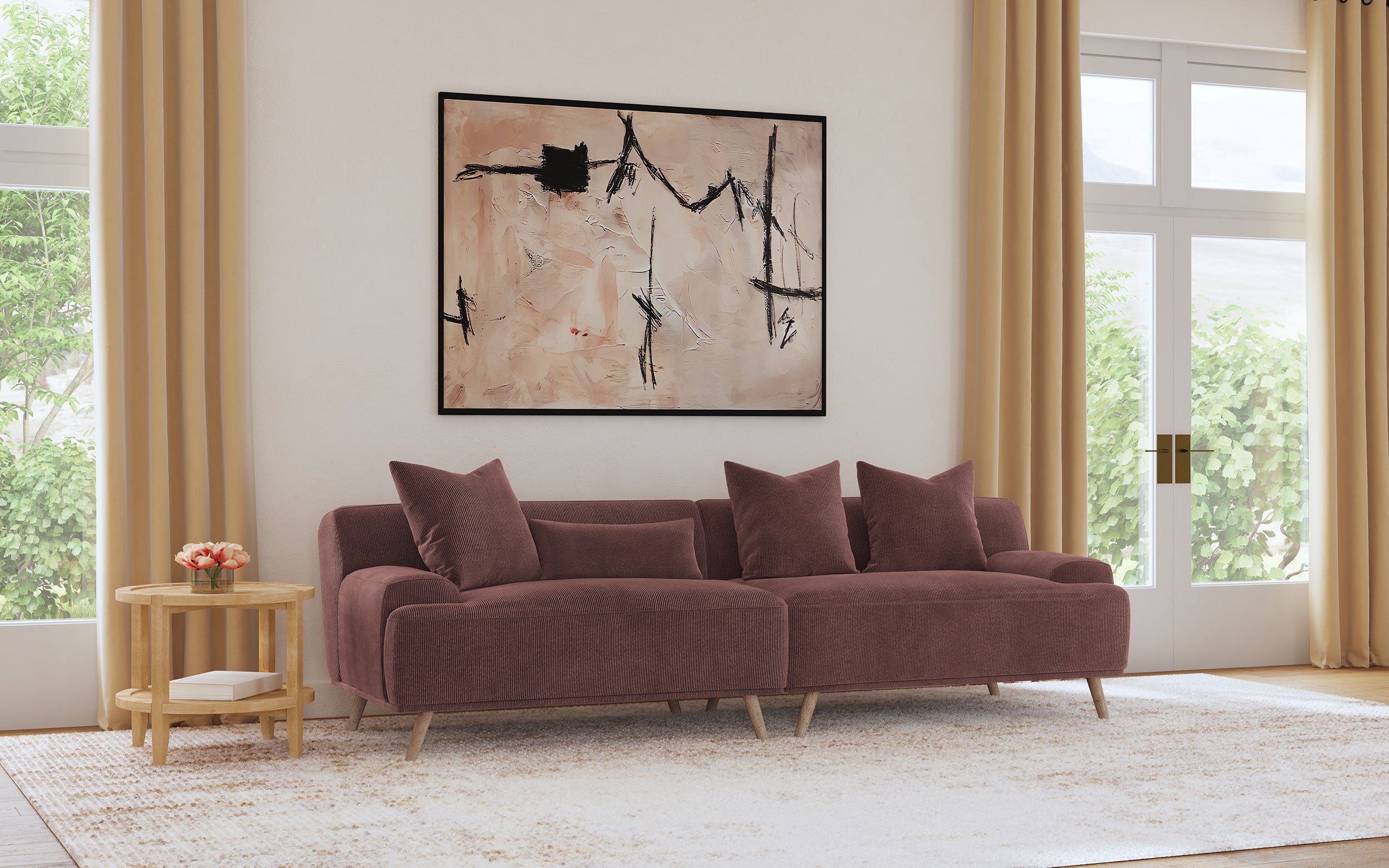 Elizabeth Corduroy Upholstered Extra Long Sofa Wine Red — view 2
