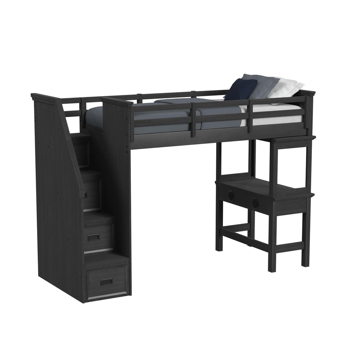 Hampton Kids Loft With Staircase And Desk With Speaker in Black by Elements International
