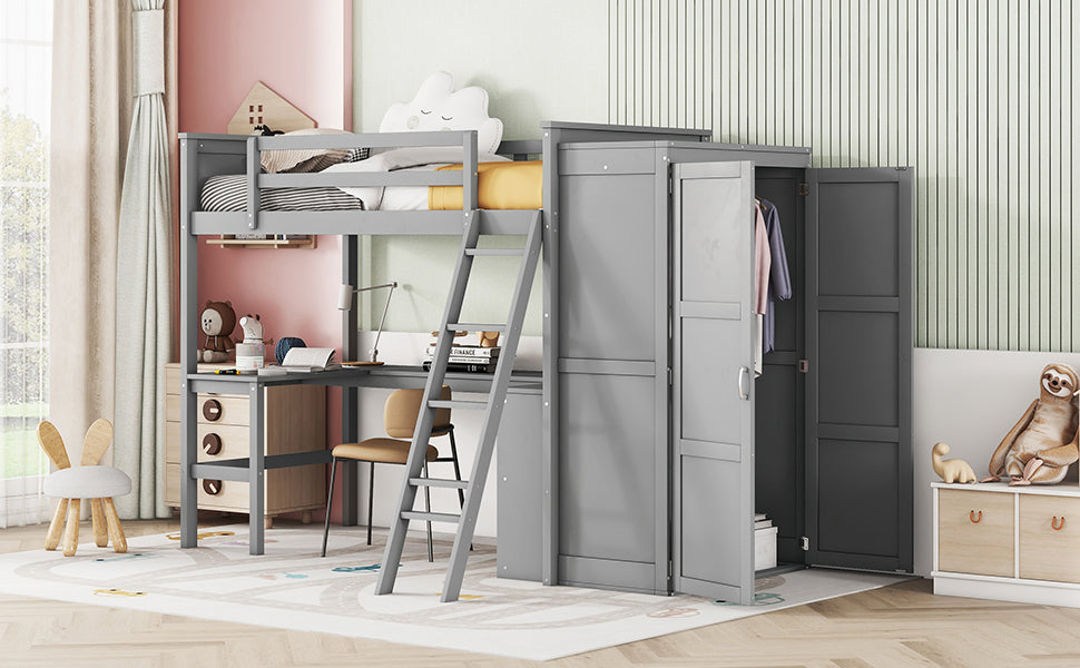 Twin size Loft Bed with Desk, Shelves and Wardrobe-Gray - Atlantic Fine Furniture Melbourne FL