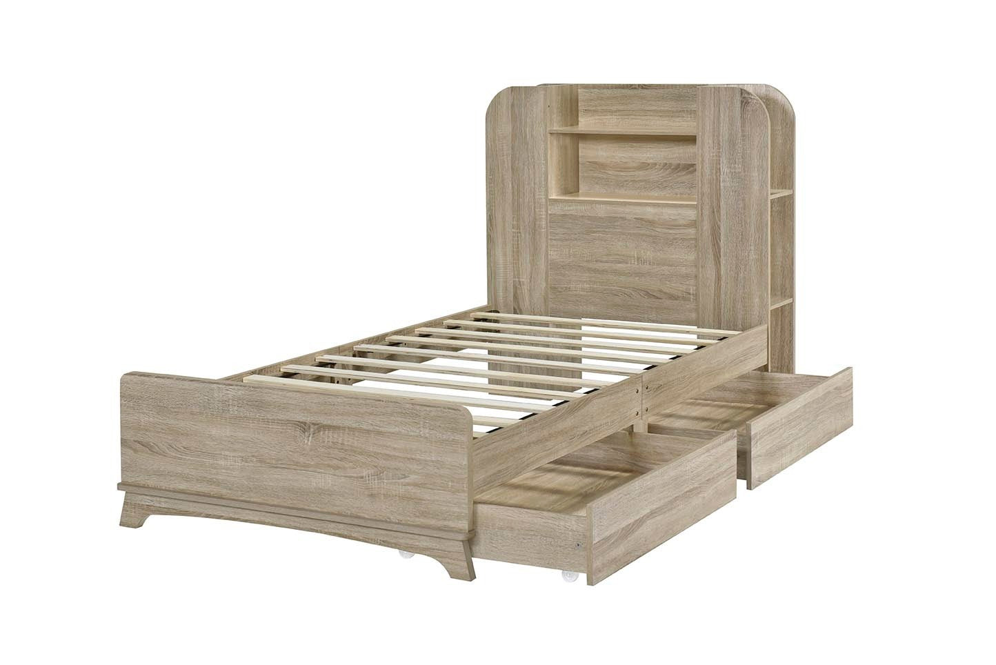 Twin Size Storage Platform Bed Frame with with Two Drawers and Light Strip Design in Headboard,Natural - Atlantic Fine Furniture Melbourne FL