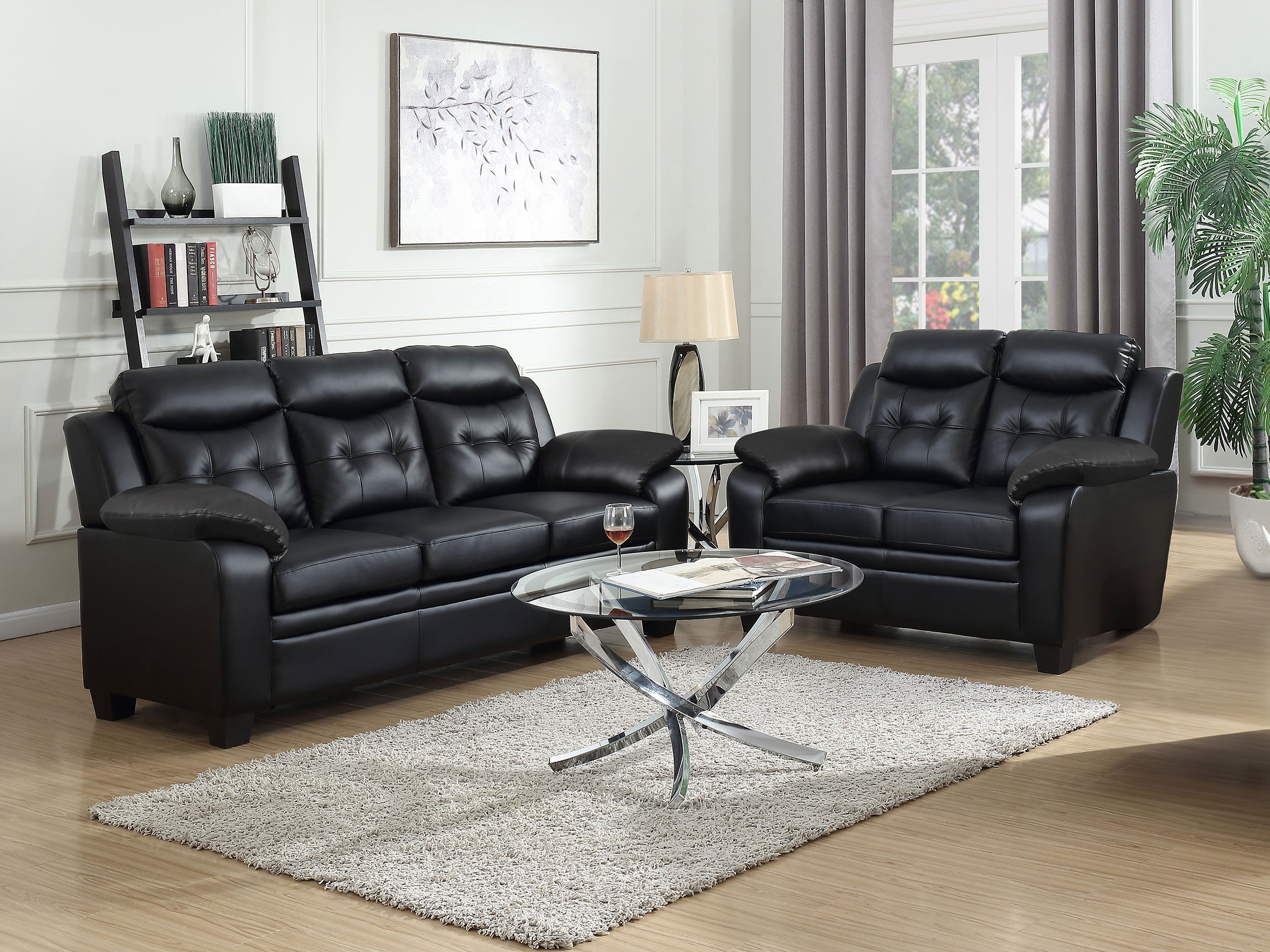 Finley 2-piece Upholstered Padded Arm Tufted Sofa Set Black — view 1