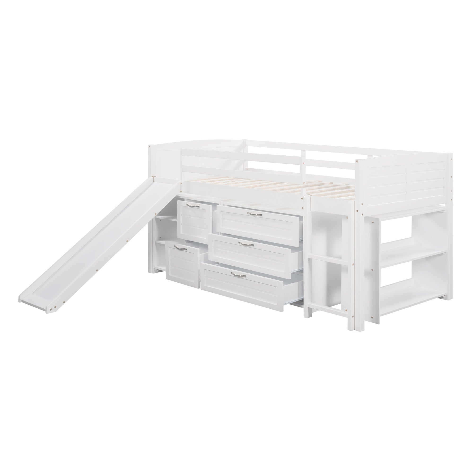 Low Twin Size Loft Bed with Cabinets, Shelves and Slide - White(OLD SKU :LP000503AAK) - Atlantic Fine Furniture Melbourne FL